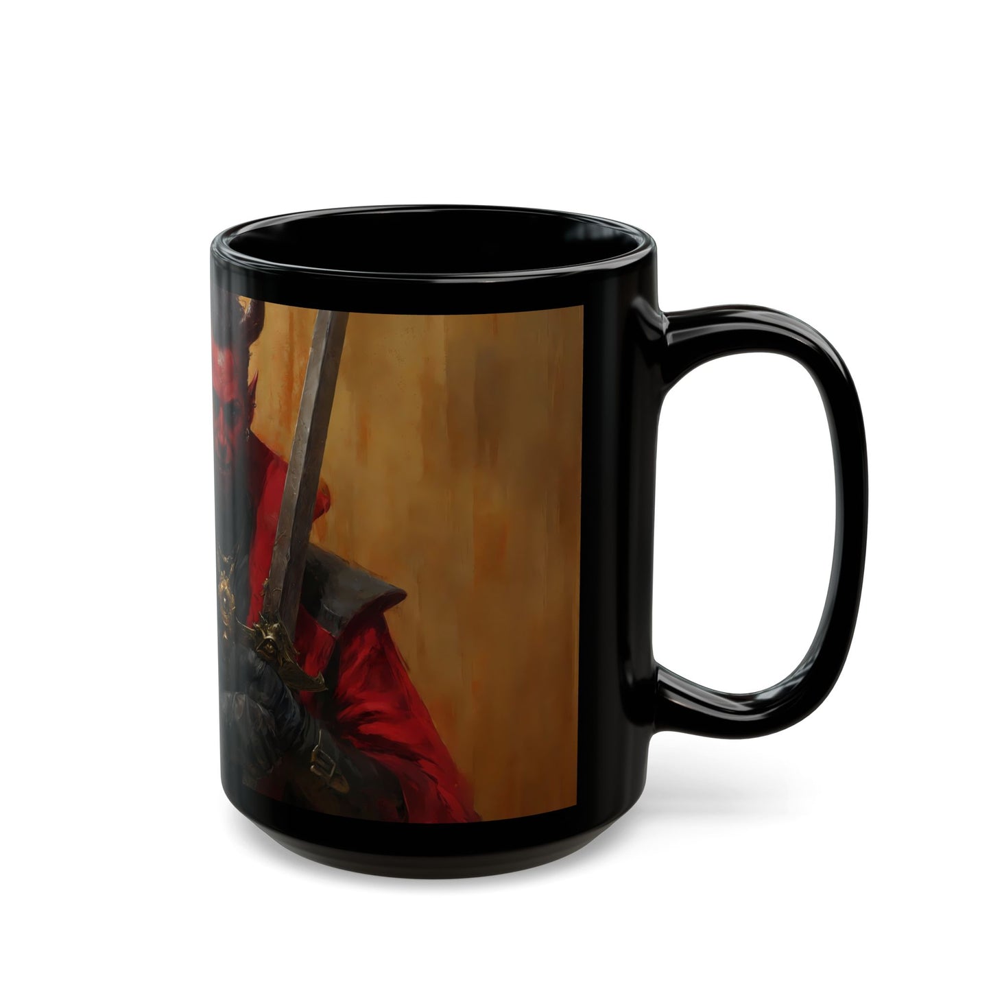 Crimson Demon Warrior Black Mug – Regal Blade and Fiery Resolve