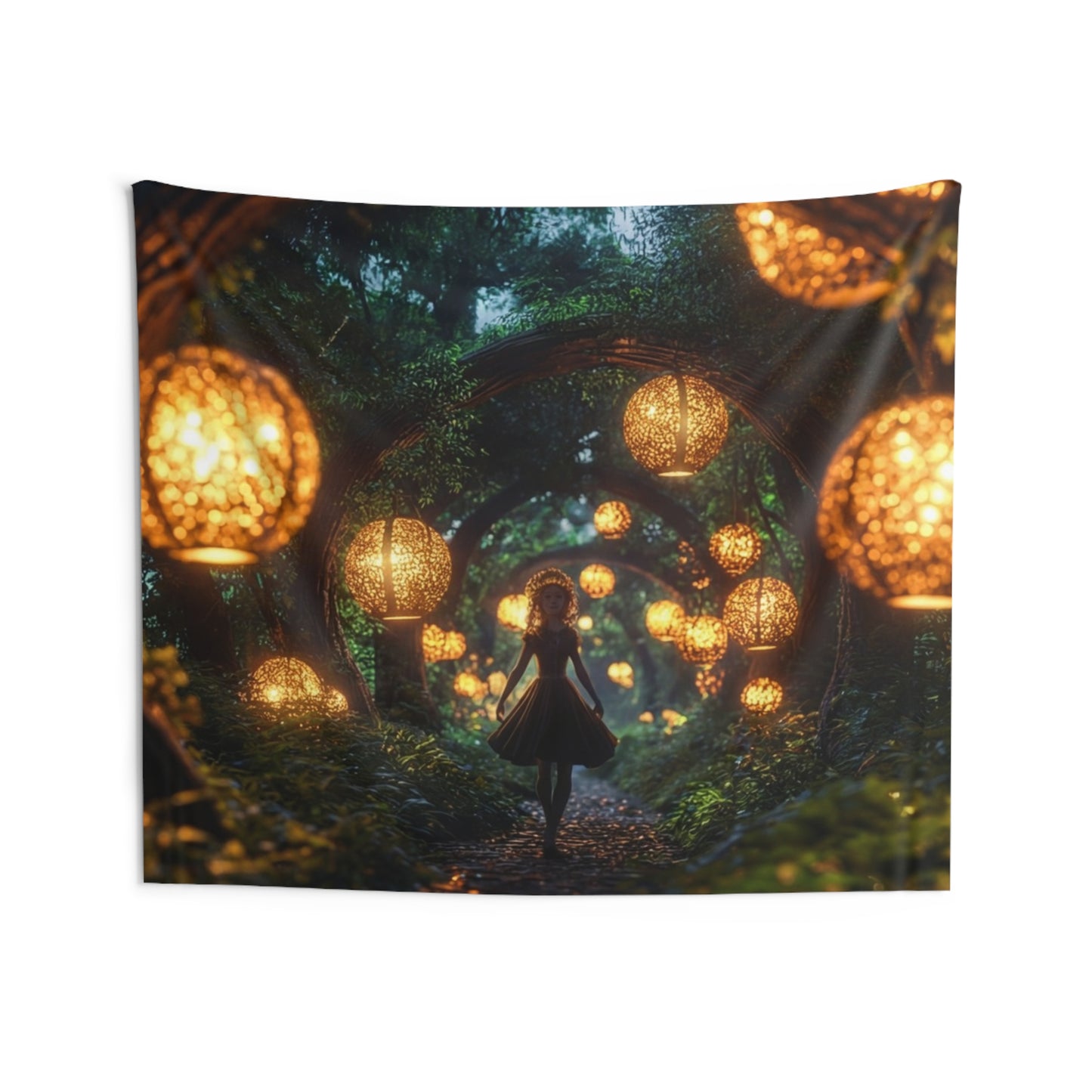 Girl Among Glowing Lanterns Indoor Wall Tapestries – Whispering Forest Pathway