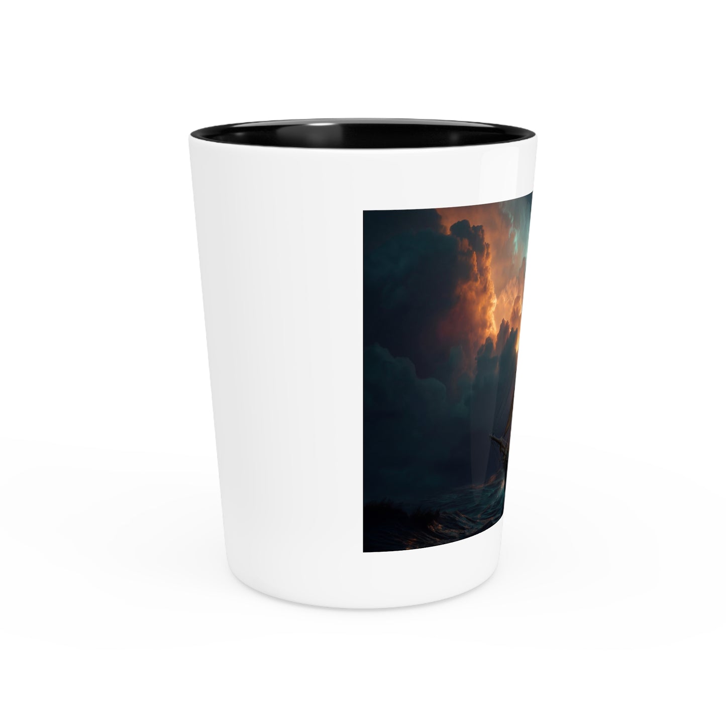 Stormbound Galleon Shot Glass – Golden Sails Against Burning Clouds