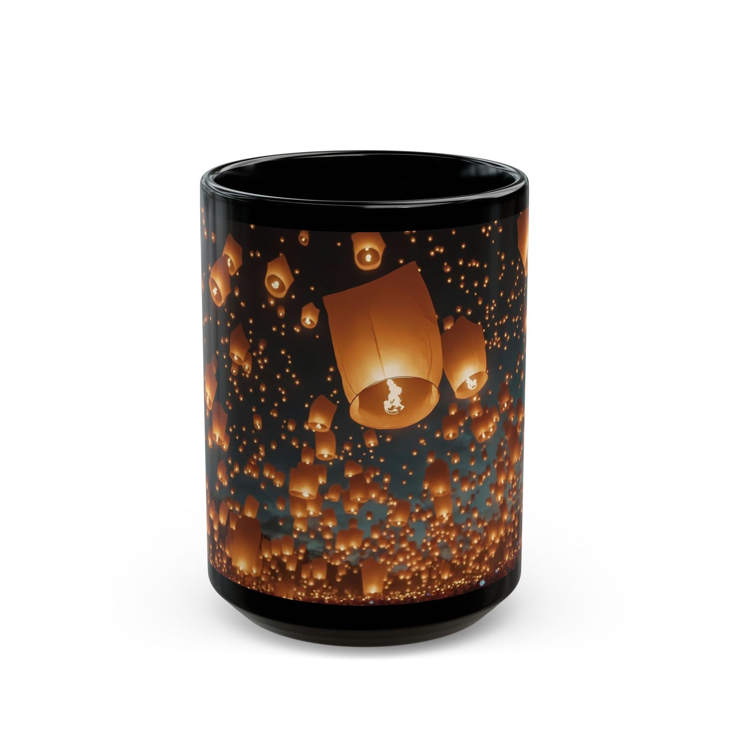Skyborne Lanterns Black Mug – Warm Glow of Shared Wishes