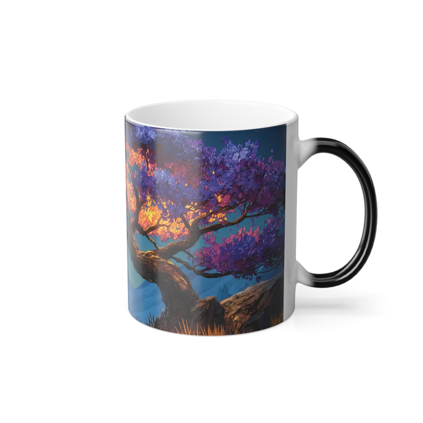 Title: Twilight Bloom Color Morphing Mug, 11oz – Purple and Gold Mountain Sunset