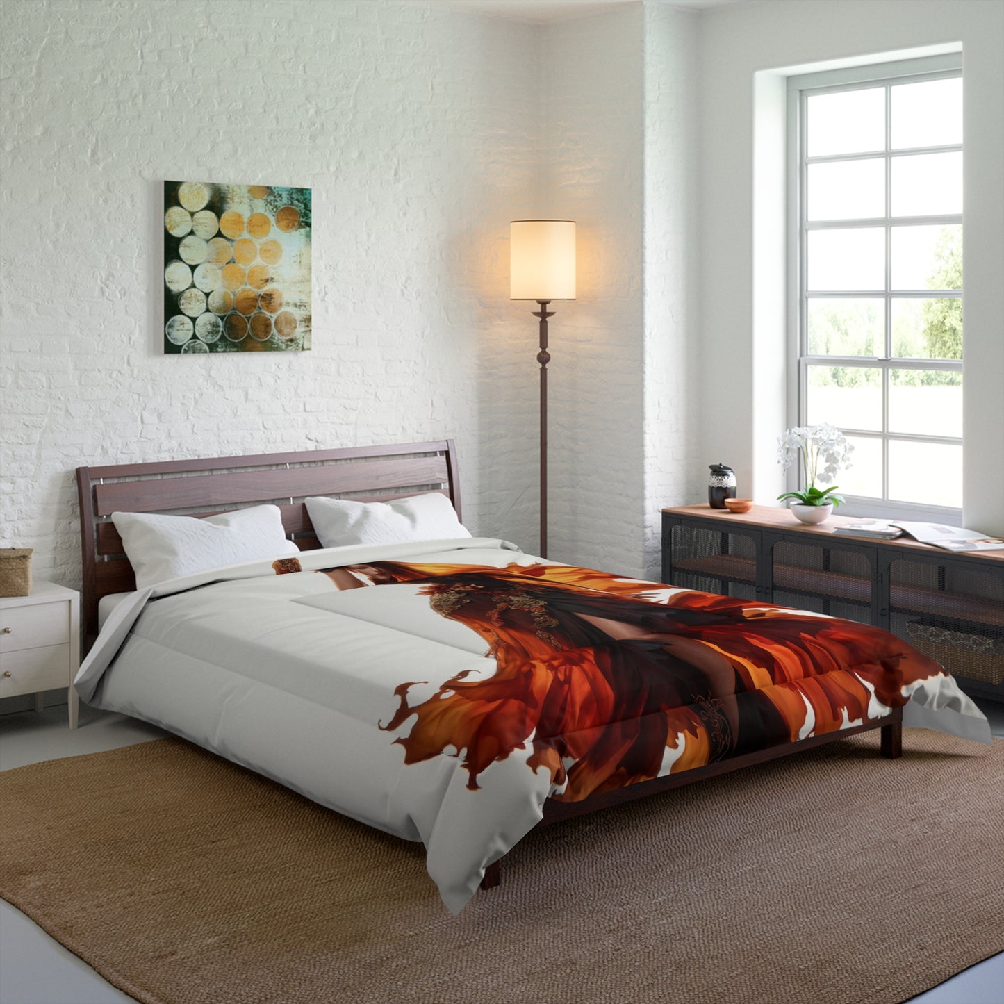 Flame-Dancer Regalia Comforter – Crimson Whirlwind Elegance