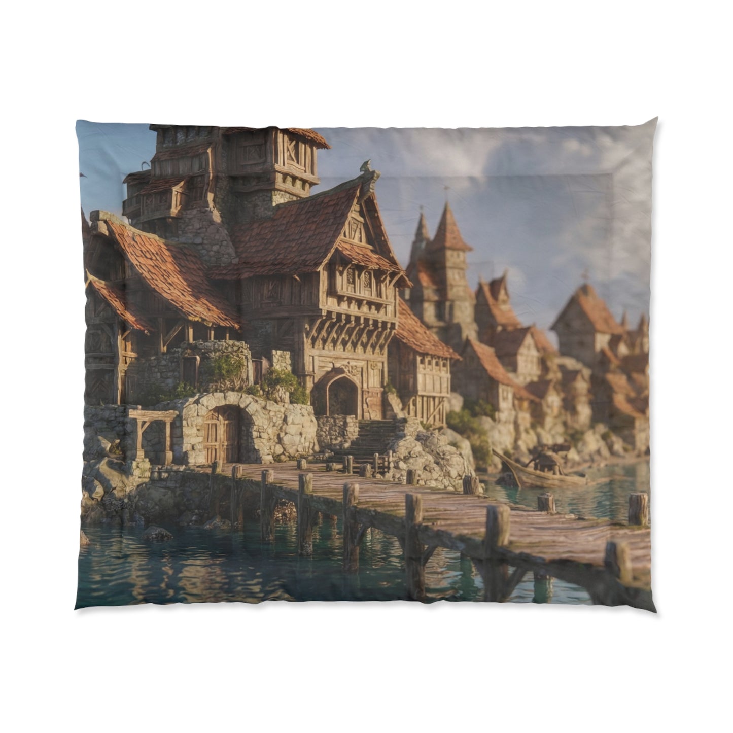 Harbor’s Edge Comforter – Sunlit Viking Village Dreamscape