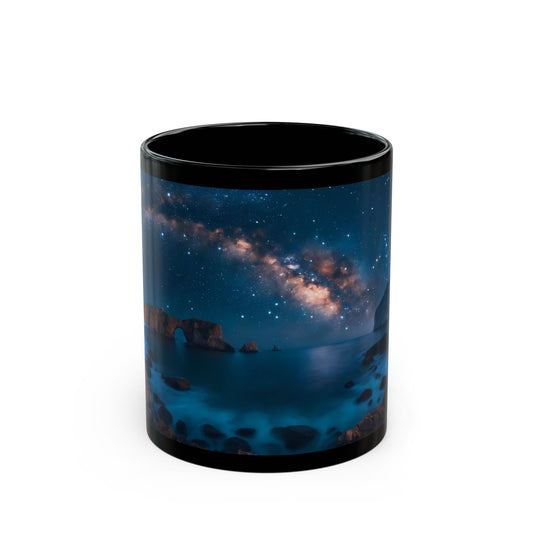 Celestial Archway Black Mug – Milky Way Over Moonlit Coastline