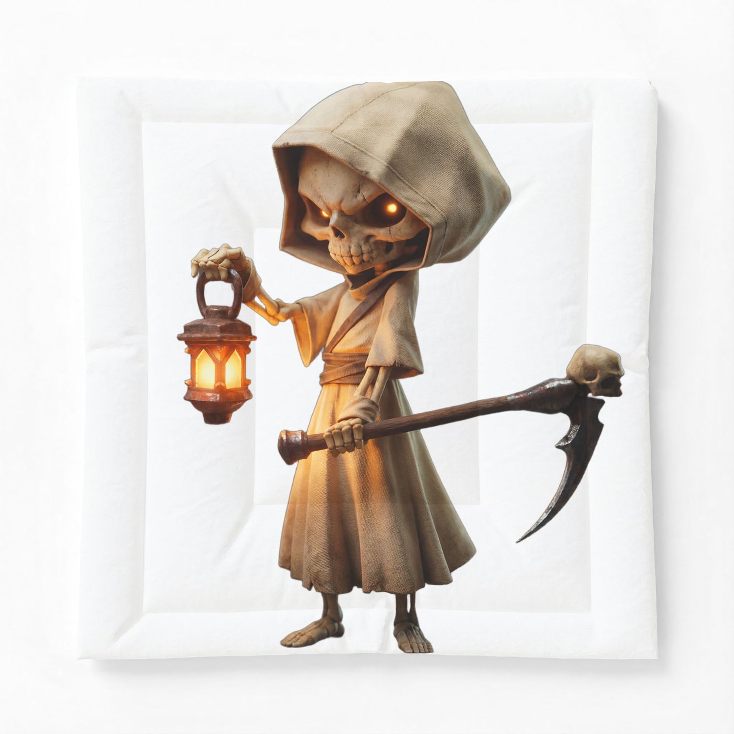 Lantern Bearer Cotton Comforter – Hooded Sentinel with Glowing Skull Eyes