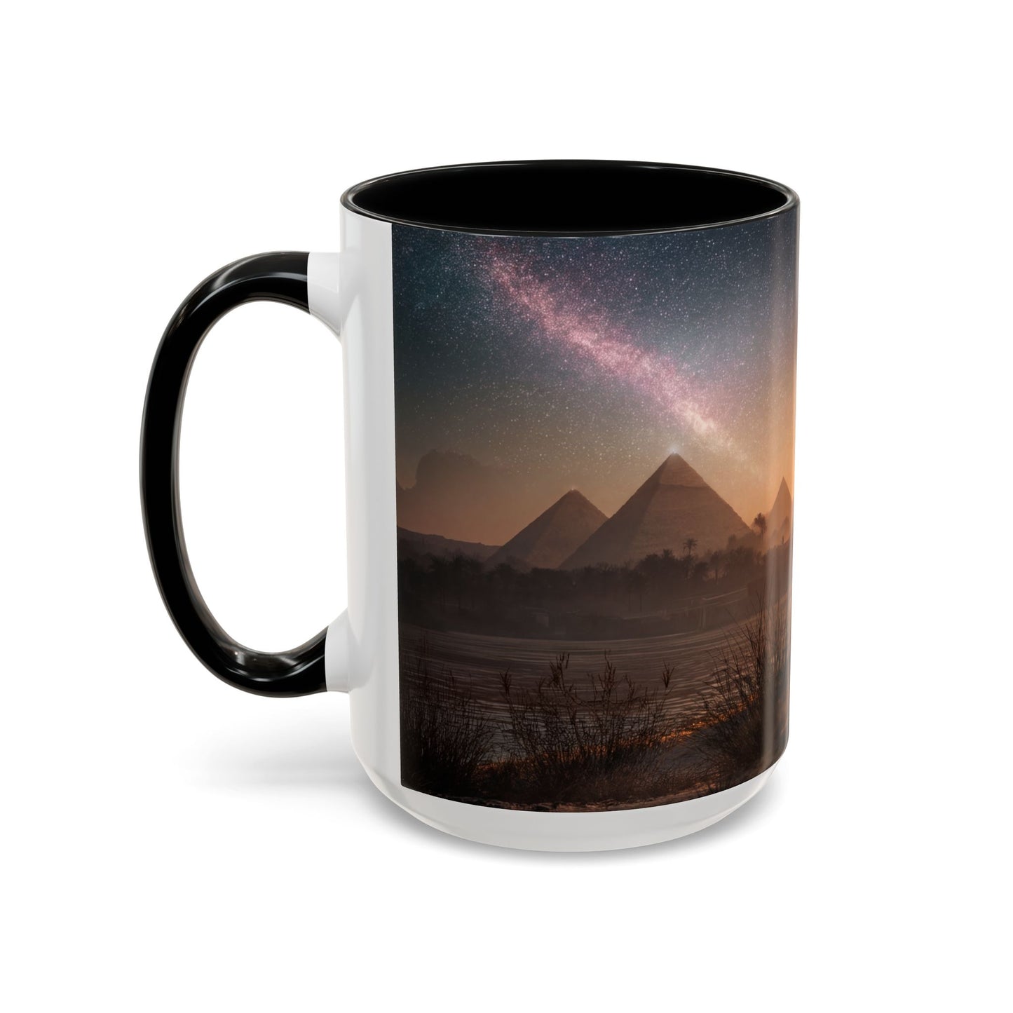 Starry Nile Guardian Cats Accent Coffee Mug (11, 15oz) – Ancient Pyramids Milky Way