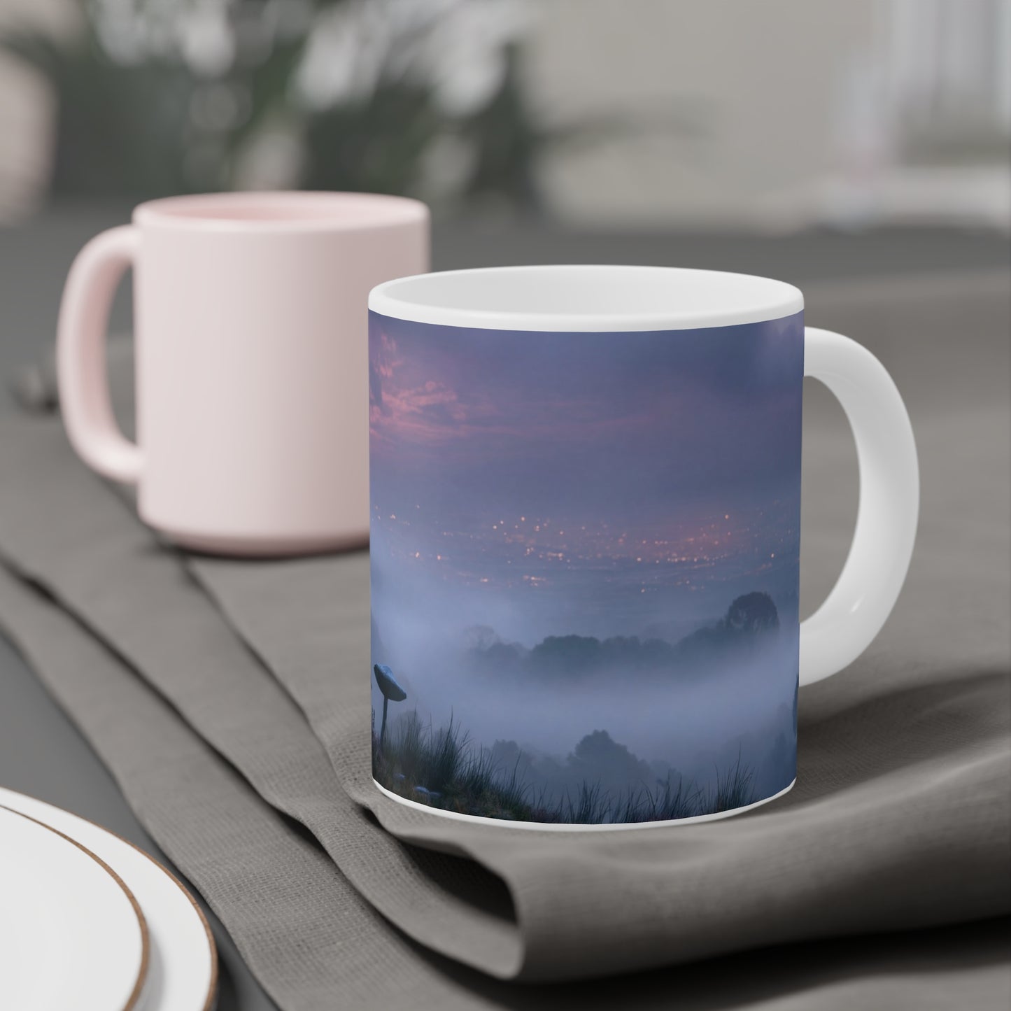 Twilight Sentinel Ceramic Mugs (11oz\15oz\20oz) – Moonlit Peak and Misty Cityscape
