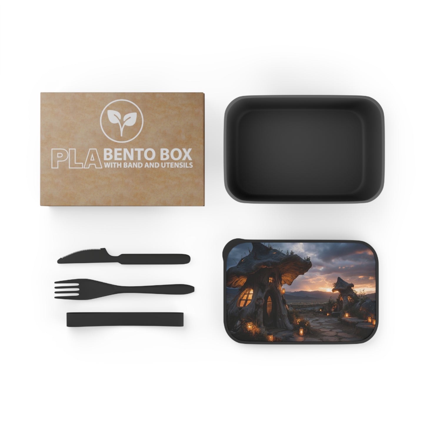 Twilight Mushroom Cottage PLA Bento Box with Band and Utensils – Warm Glow Over Mountain Vista