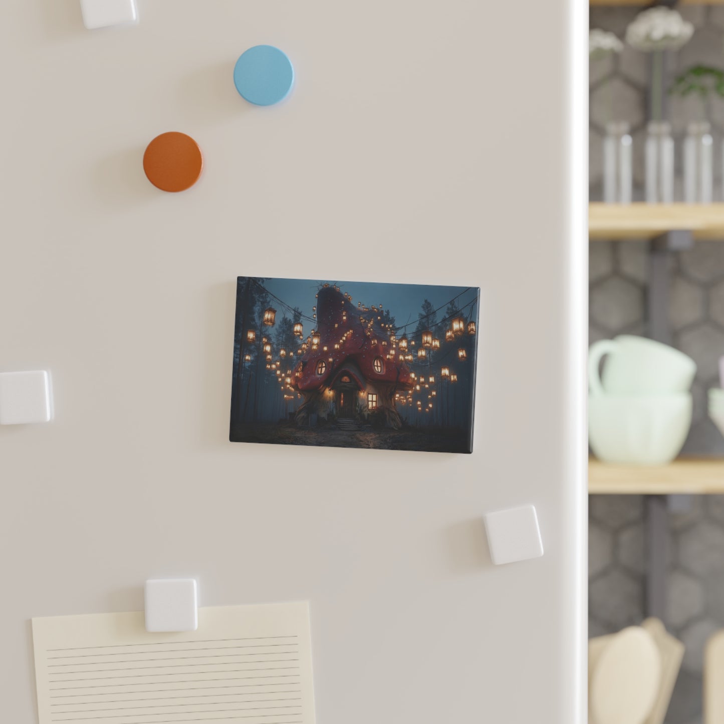 Enchanted Mushroom Cottage Magnet – Warm Glow in the Twilight Woods
