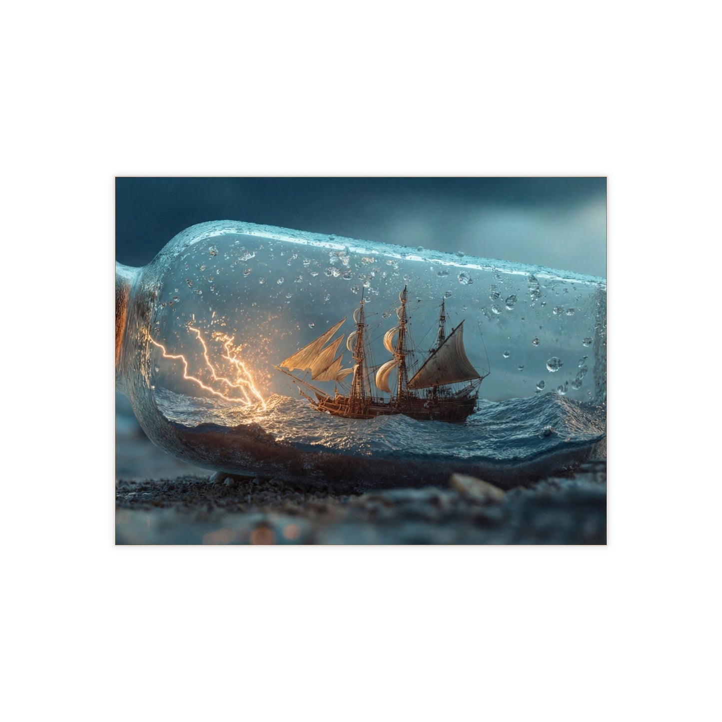 Storm-Ship in Bottle Ceramic Photo Tile – Captured Gale on a Pebbled Shore