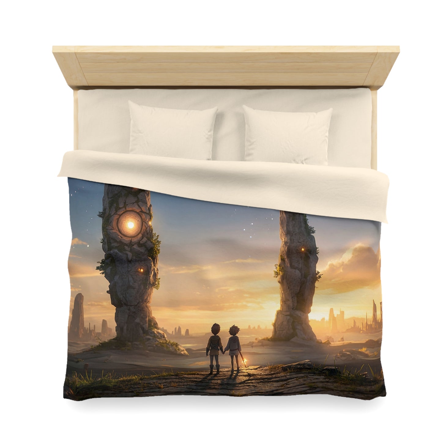 Twin Travelers Microfiber Duvet Cover – Sunset Gatekeepers of the Starlit Ruins