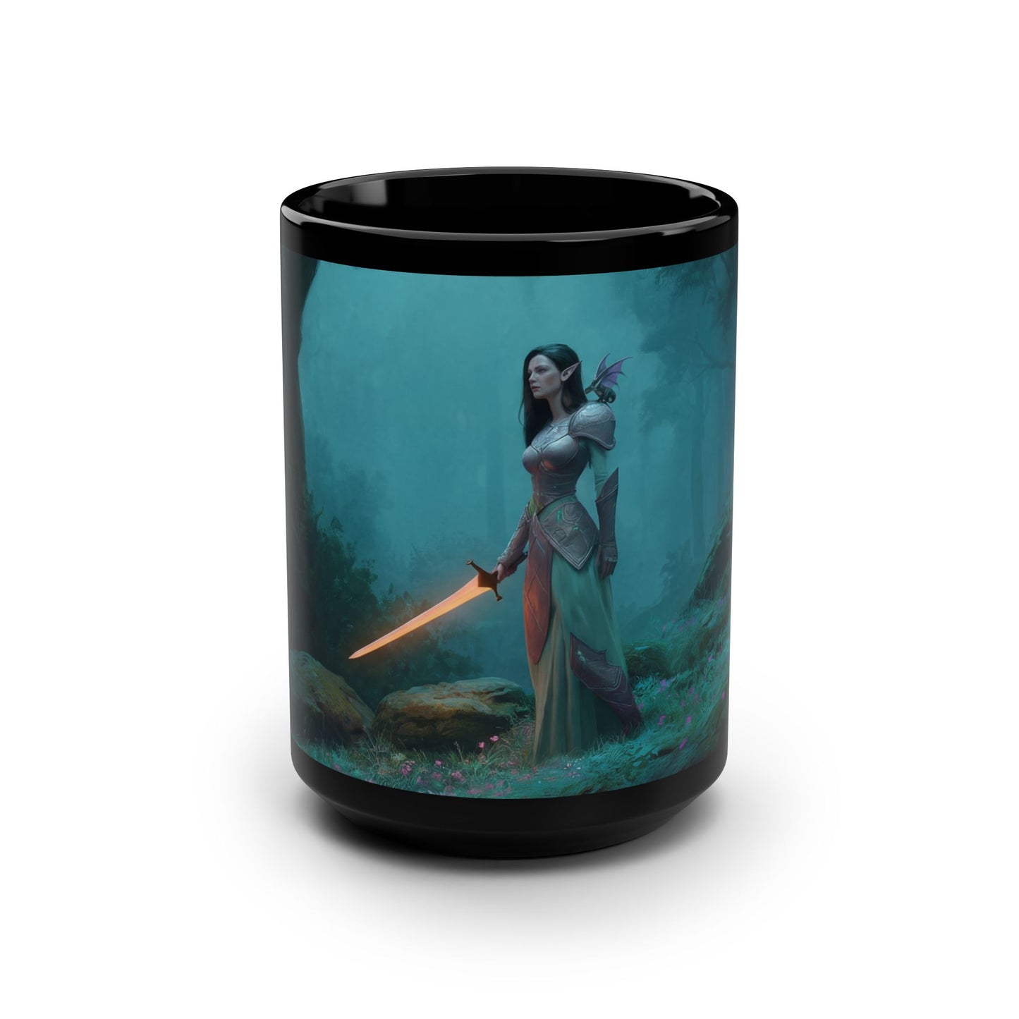 Sentinel Elf Black Mug, 15oz – Glowing Blade Forest Guardian