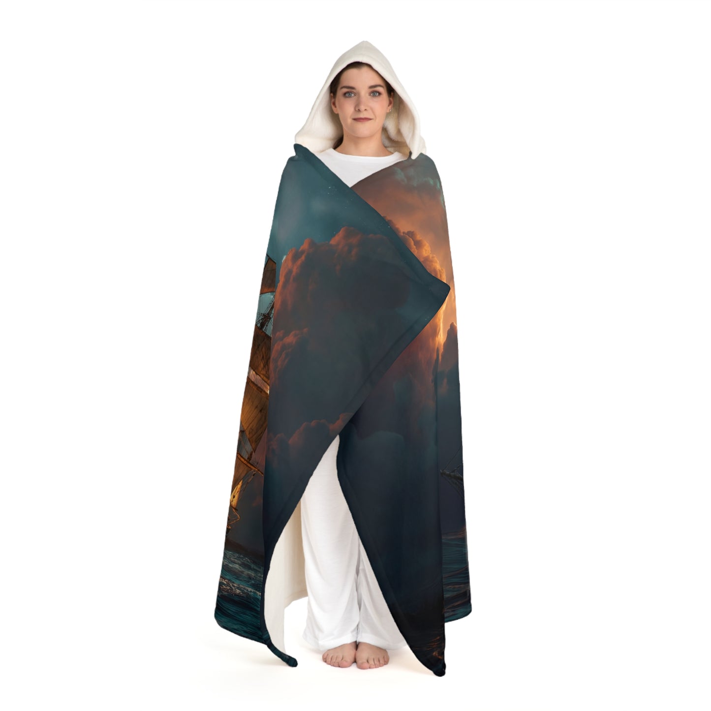 Golden Horizon Hooded Sherpa Fleece Blanket – Twilight Voyage and Warm Sail