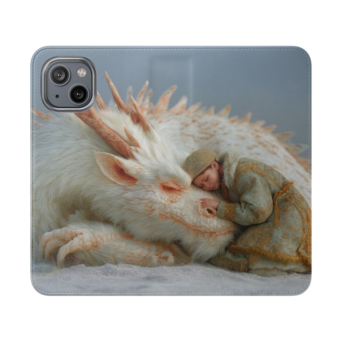 Sleeping Child and Dragon Flip Cases – Snowy Guardian Embrace