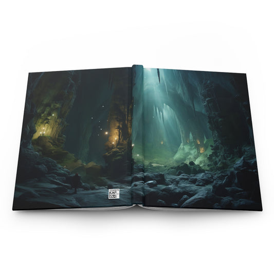 A deep cave interior, lit by a constellation of glow worms, casting an otherworldly light onto the rock formations, cave photography - Hardcover Journal Matte