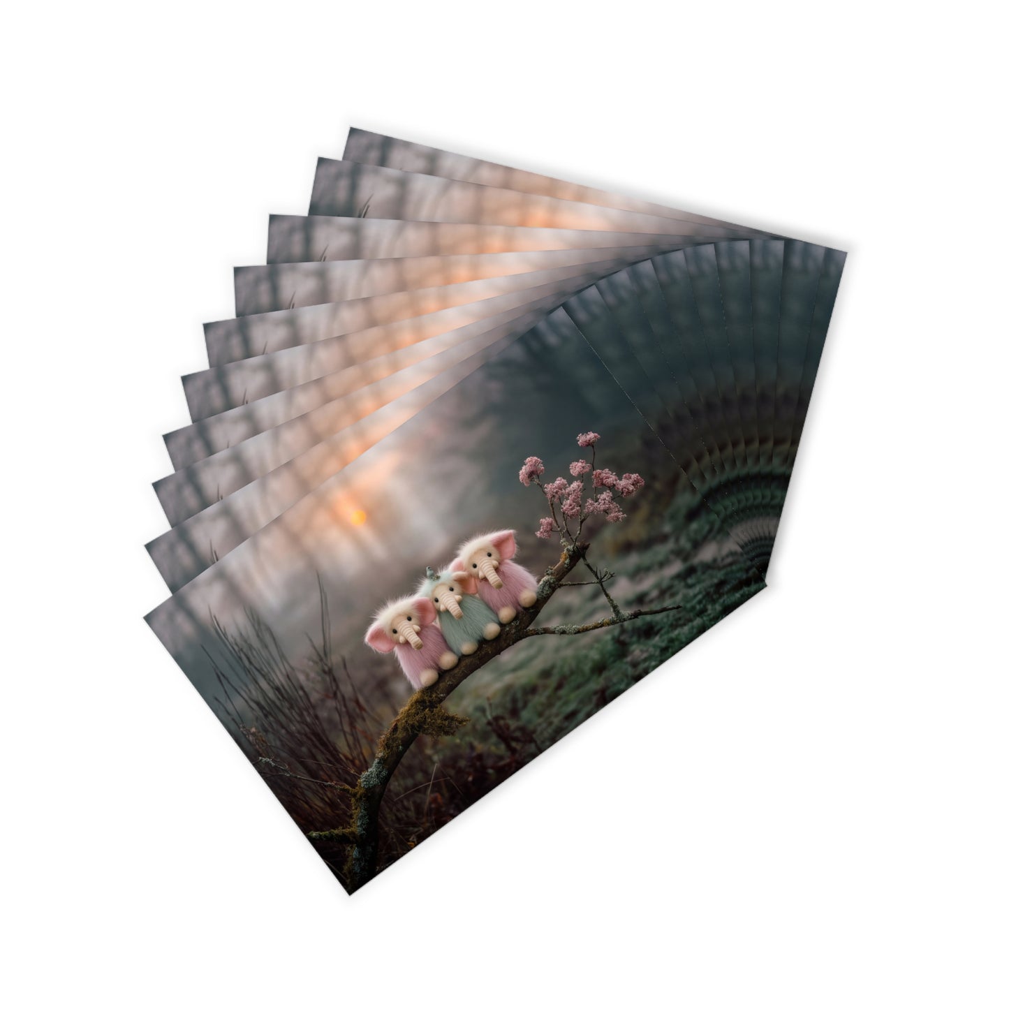 Soft Fur Elephant Trio Postcards (10pcs) – Mossy Branch Twilight Scene