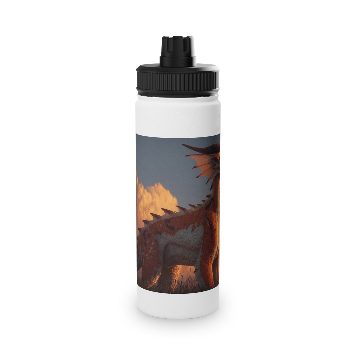 Sunset Sentinel Dragon Stainless Steel Water Bottle, Sports Lid – Amber Scale Horizon