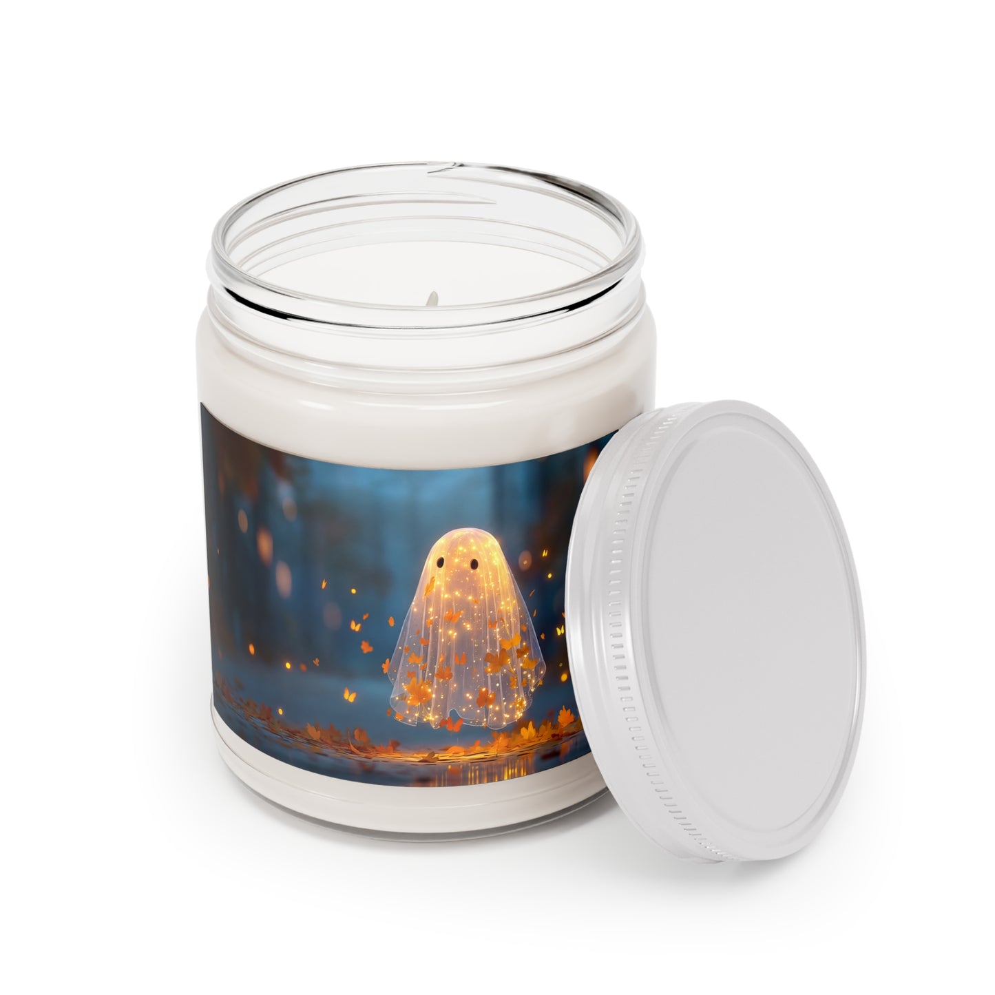 Glowing Autumn Ghost Scented Soy Candles with White Lid, 9oz – Warm Light, Whispering Leaves