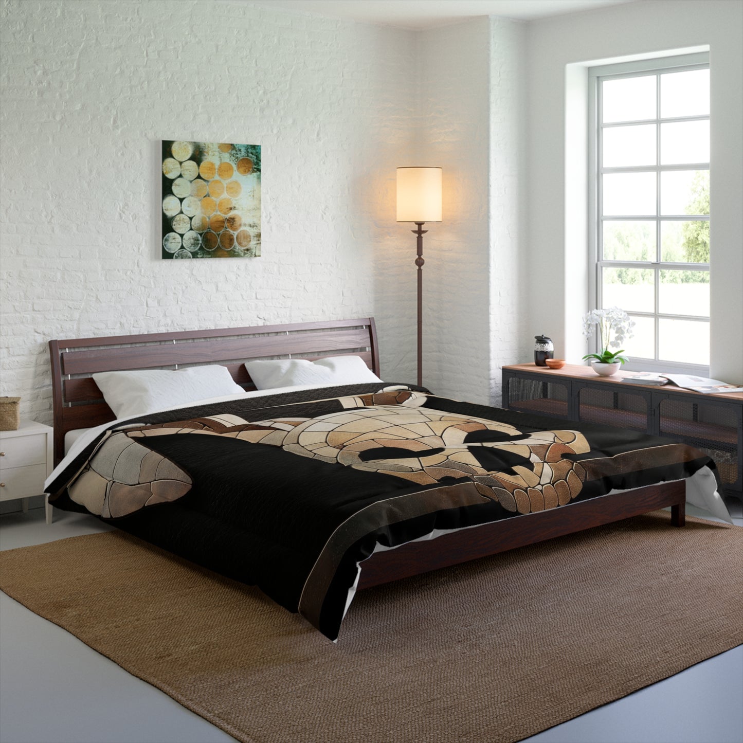 Mosaic Rabbit Skull Comforter – Warm Earth Tones Against Deep Night