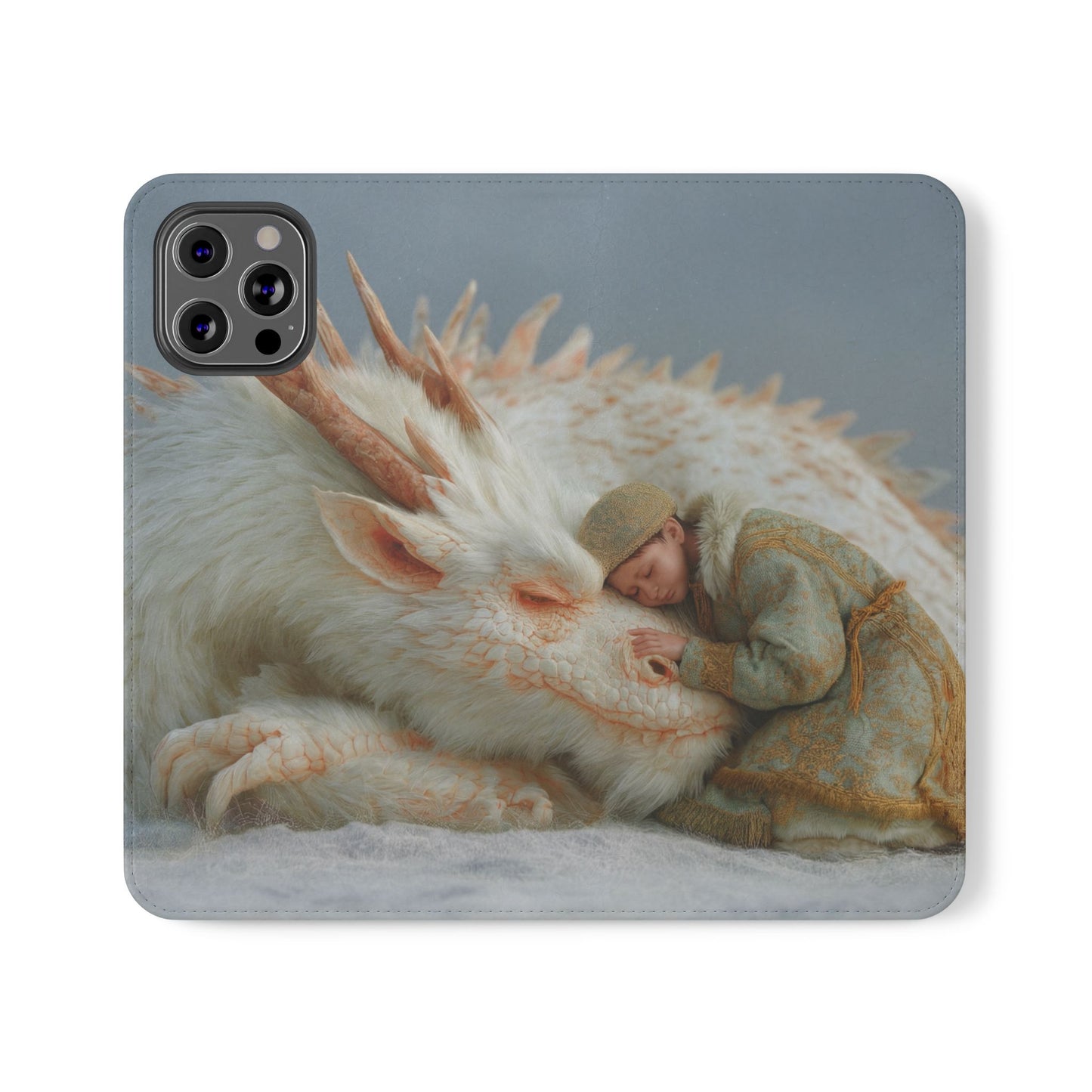 Sleeping Child and Dragon Flip Cases – Snowy Guardian Embrace