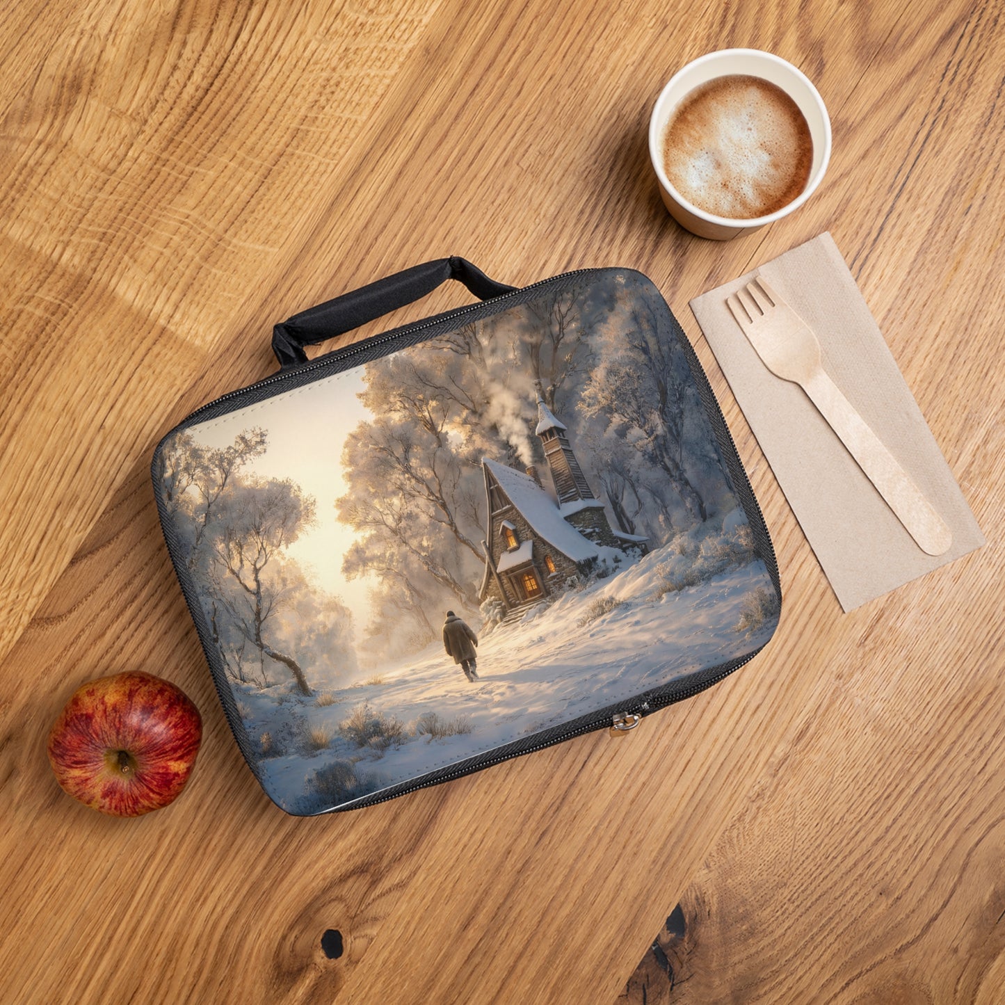 Snowbound Chapel Lunch Bag – Warm Hearth Light in Winter’s Hush