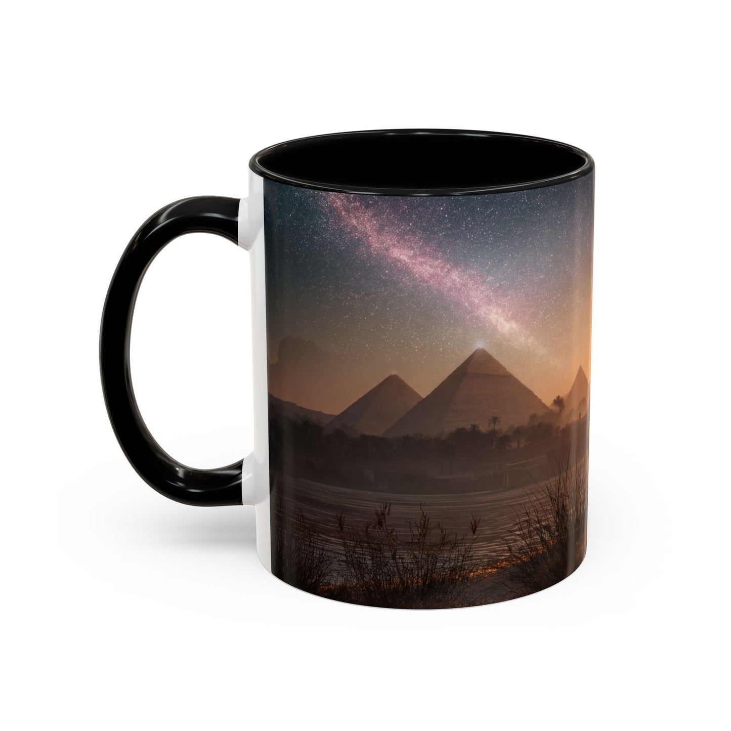 Starry Nile Guardian Cats Accent Coffee Mug (11, 15oz) – Ancient Pyramids Milky Way