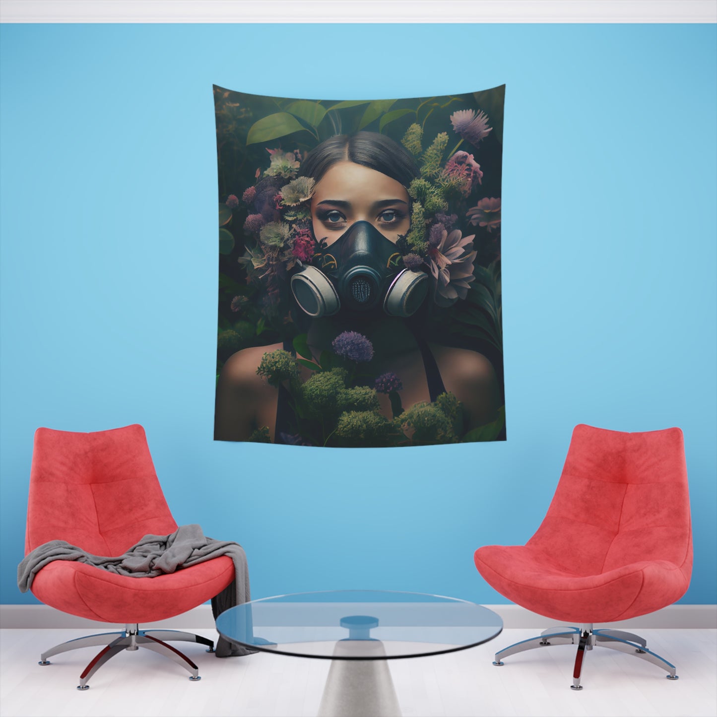 a beautiful woman wearing a gas mask filled with plants and flowers and moss - Printed Wall Tapestry