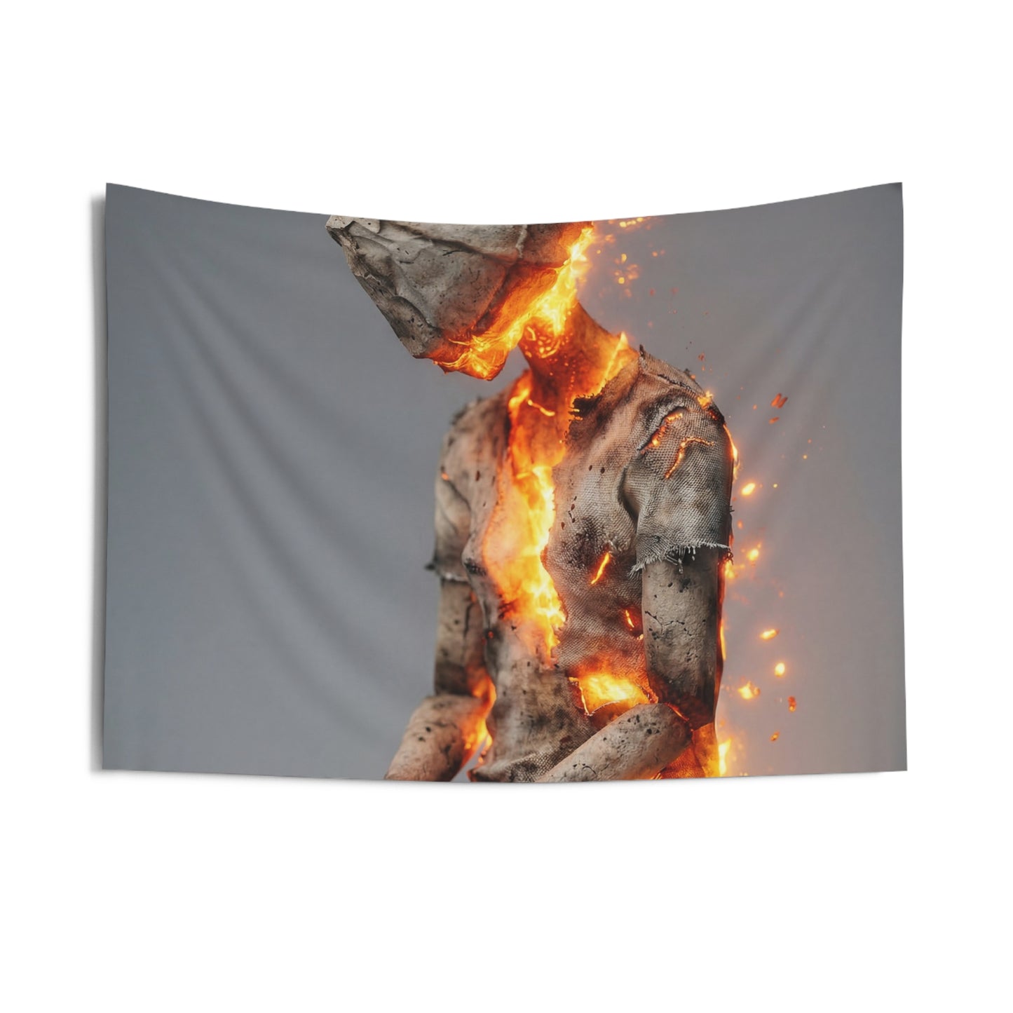 Fiery Awakening Indoor Wall Tapestries – Crumpled Paper Figure Igniting in Stillness