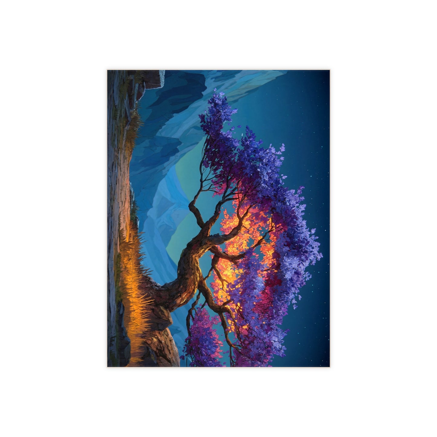 Celestial Tree Ceramic Photo Tile – Twilight Bloom Against Snow Peaks