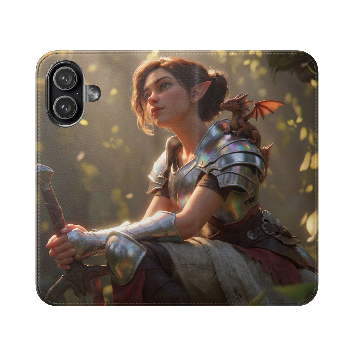 Elven Knight with Dragon Flip Cases – Iridescent Armor & Tiny Guardian Portrait