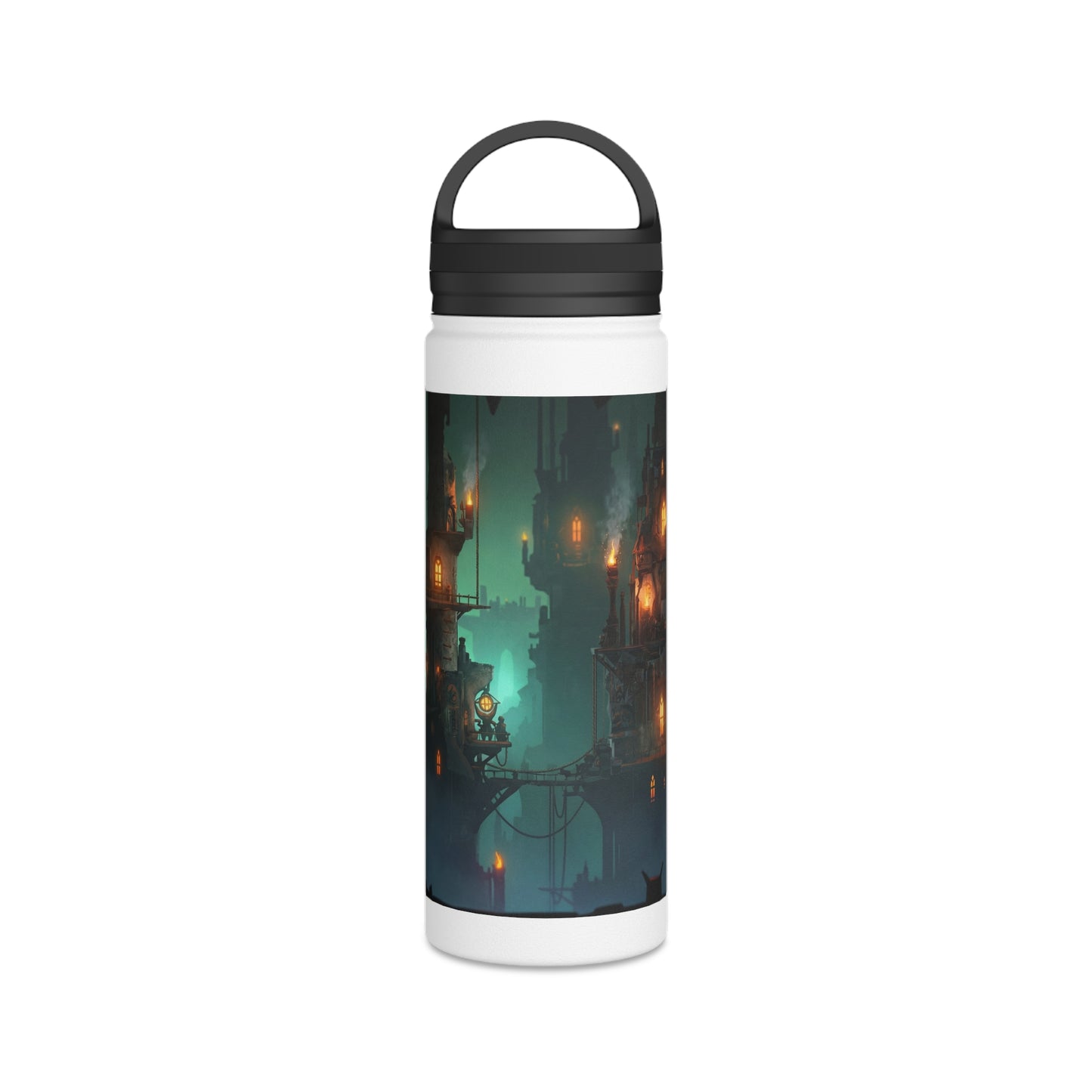 Aerial City of Lanterns Stainless Steel Water Bottle, Handle Lid – Glow in the Misty Canopy