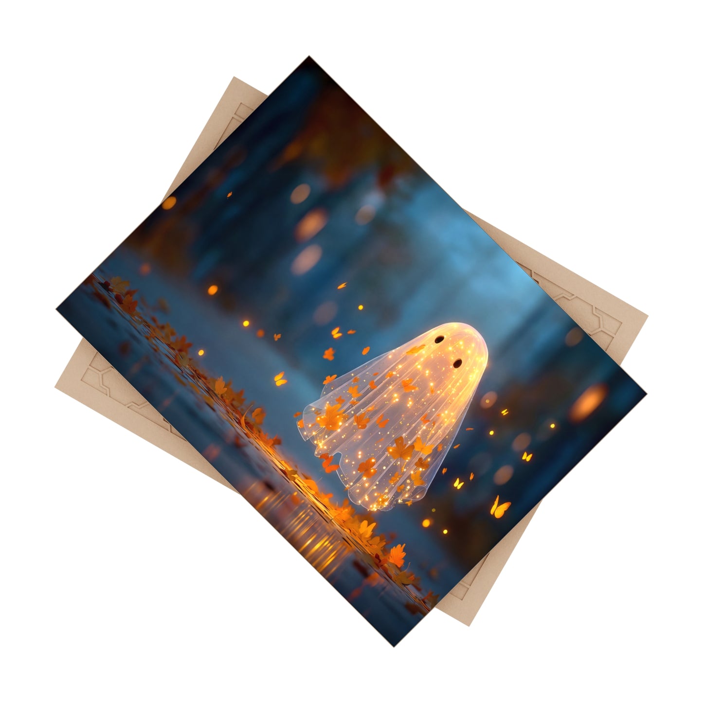 Gentle Ghost with Autumn Leaves Ceramic Photo Tile – Whimsical Twilight Spirit