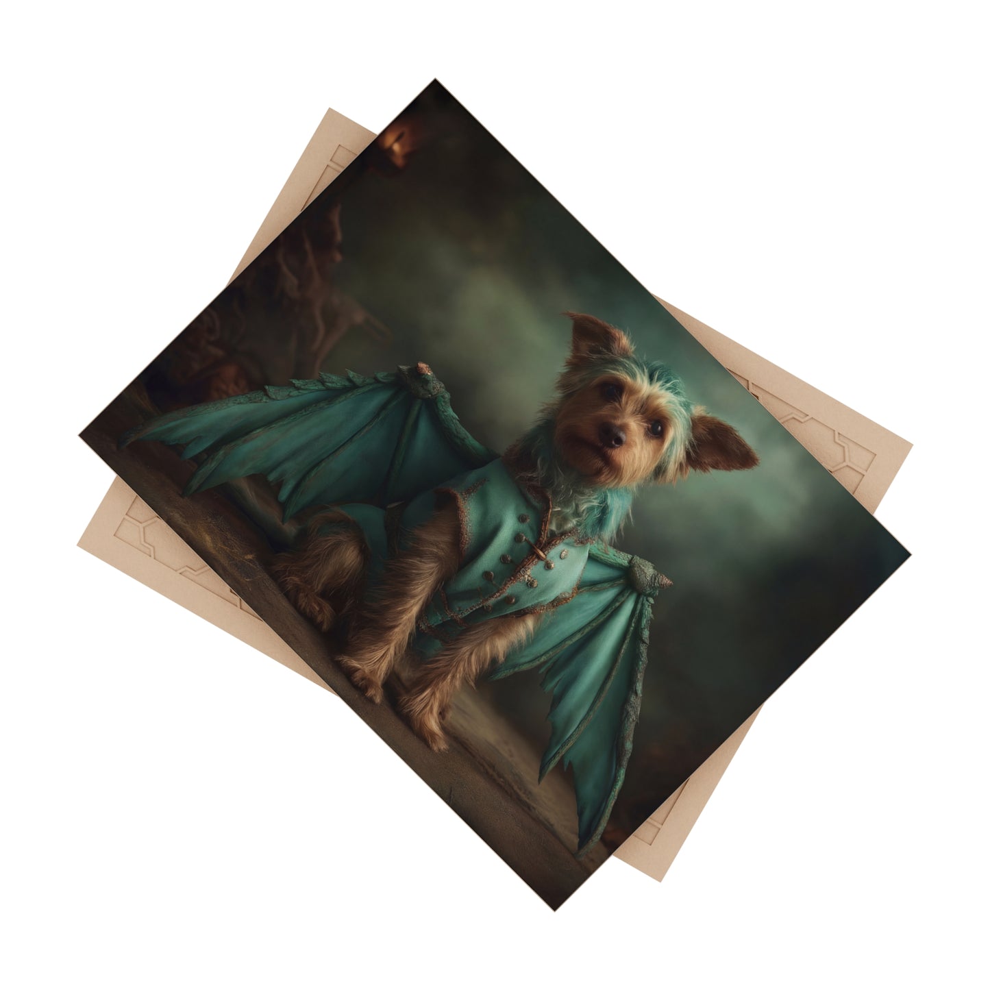 Dragon-Dressed Yorkshire Terrier Ceramic Photo Tile – Emerald Winged Guardian