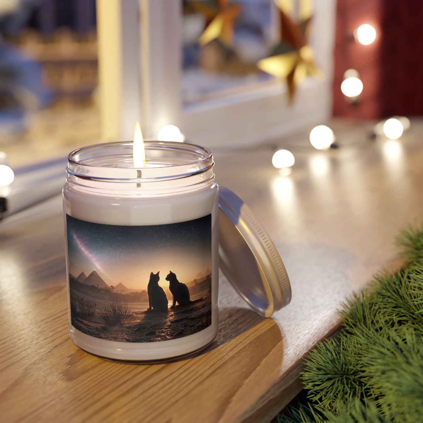 Star-Struck Feline Scented Soy Candles with White Lid, 9oz – Pyramids Under Milky Way Glow