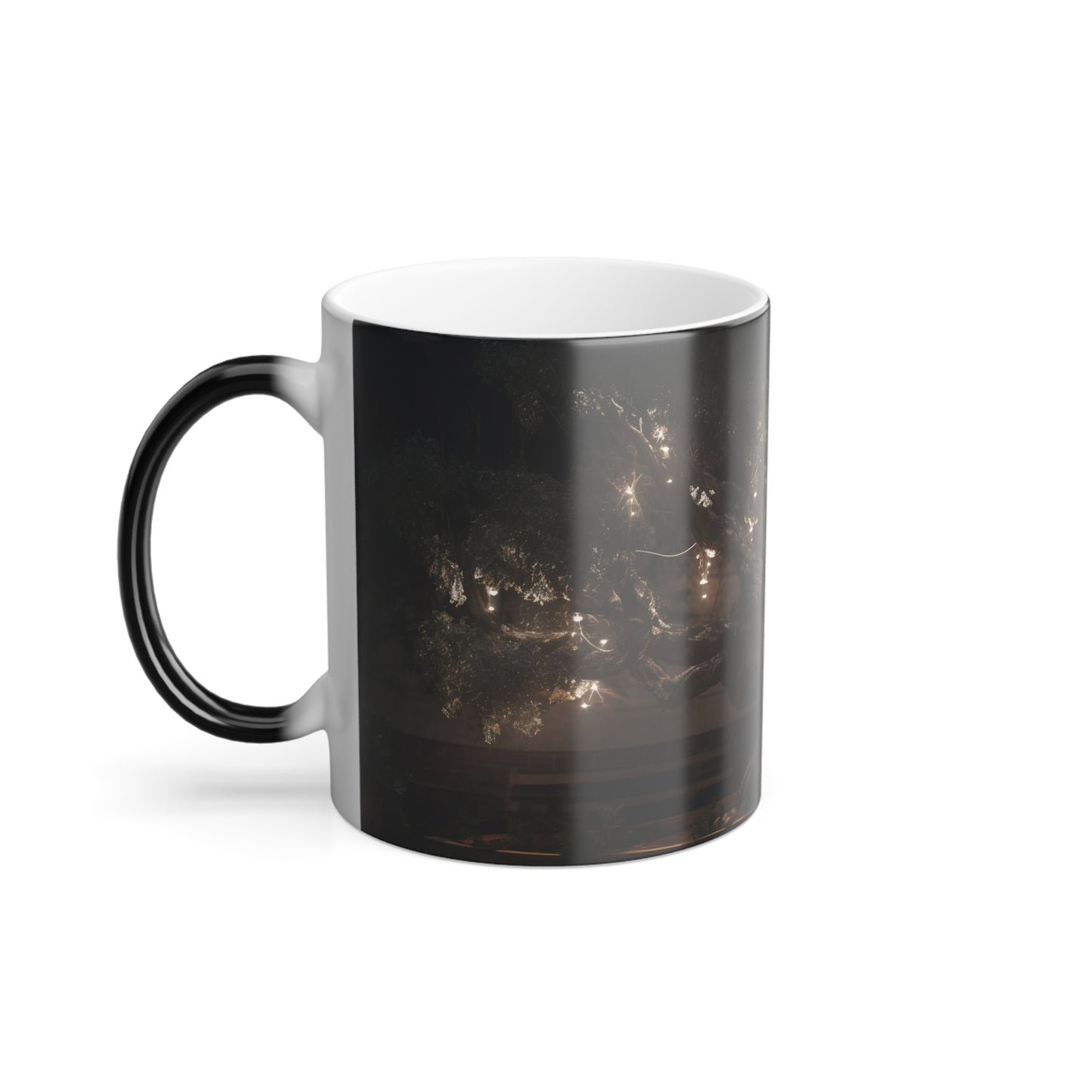 huge and ancient bonsai oak tree wrapped in string lights, dim lighting, super detailed, branches reaching out,  - Color Morphing Mug, 11oz