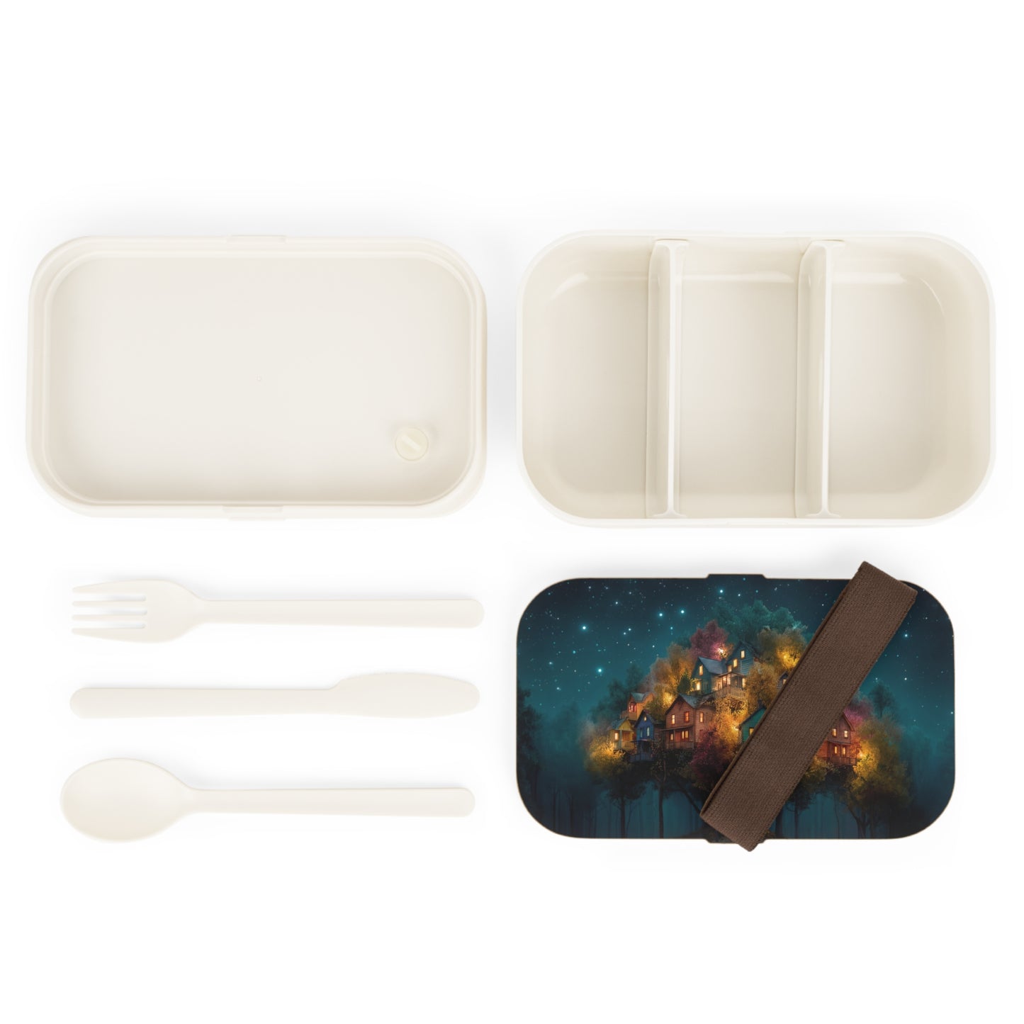 Starlit Hillside Village Bento Lunch Box – Warm Lights in the Whispering Woods