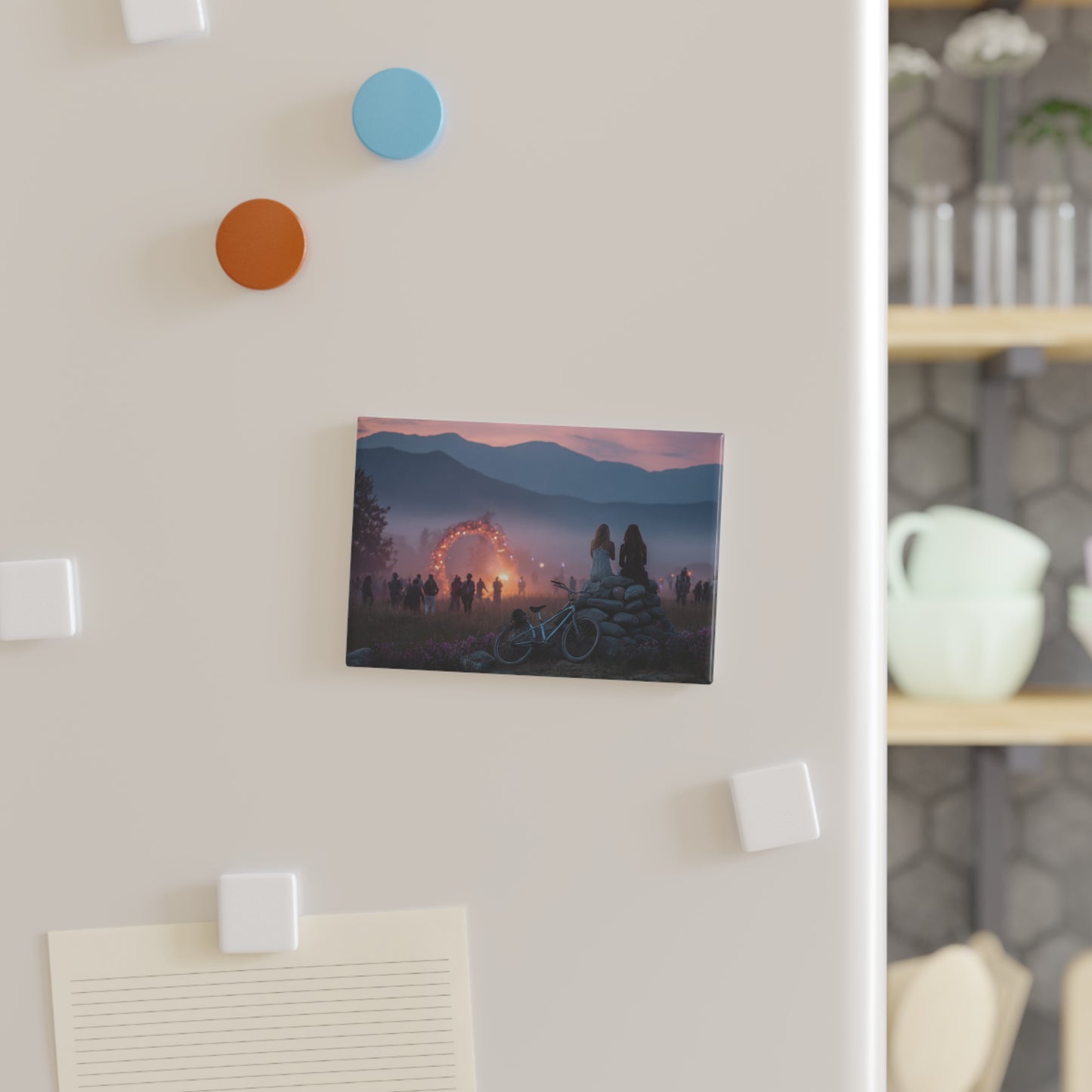 Sunset Festival Friends Button Magnet, Rectangle (1 & 10 pcs) – Whispering Peaks & Glowing Arch