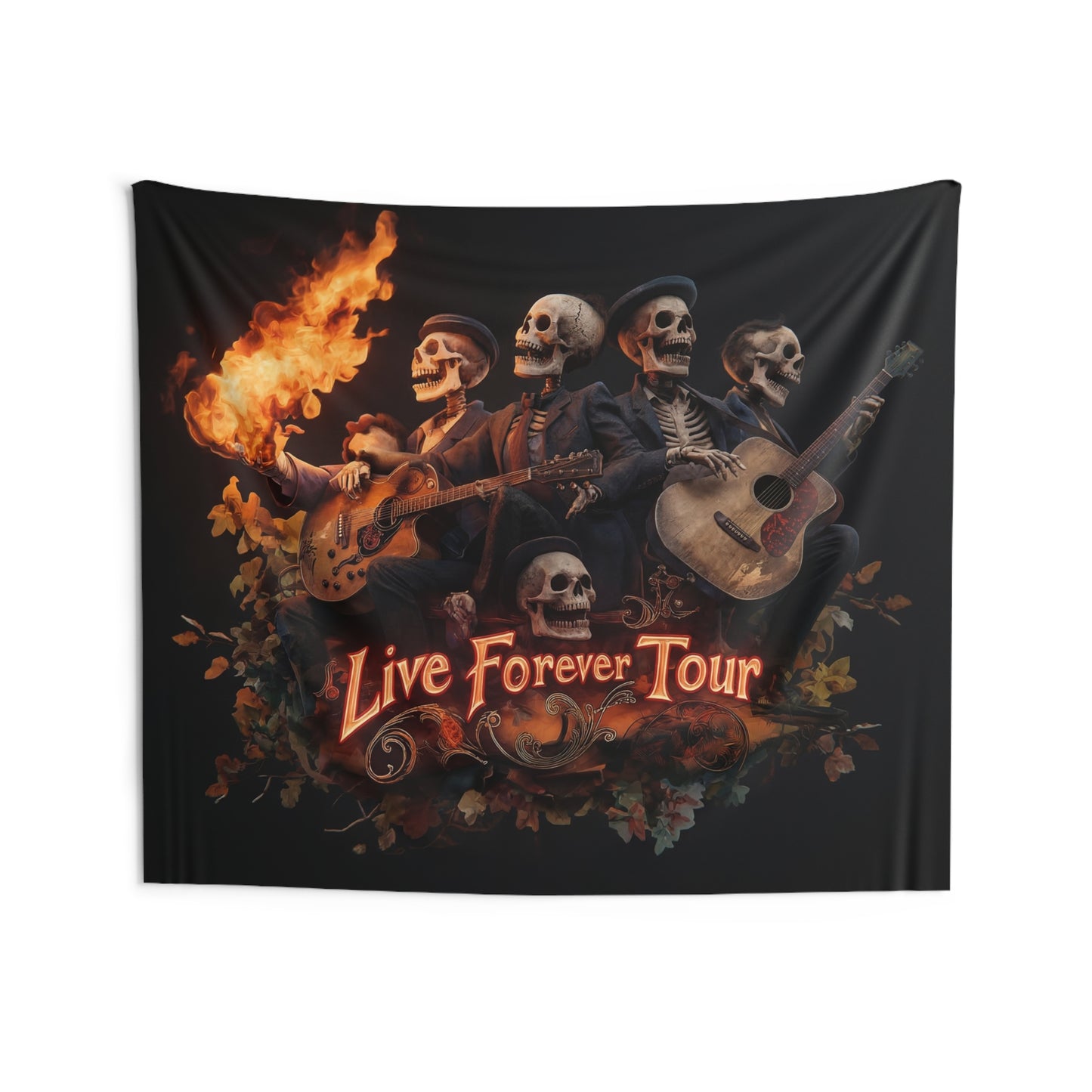 Skeleton Band Live Forever Tour Indoor Wall Tapestries – Fiery Guitarists in Velvet Shadows