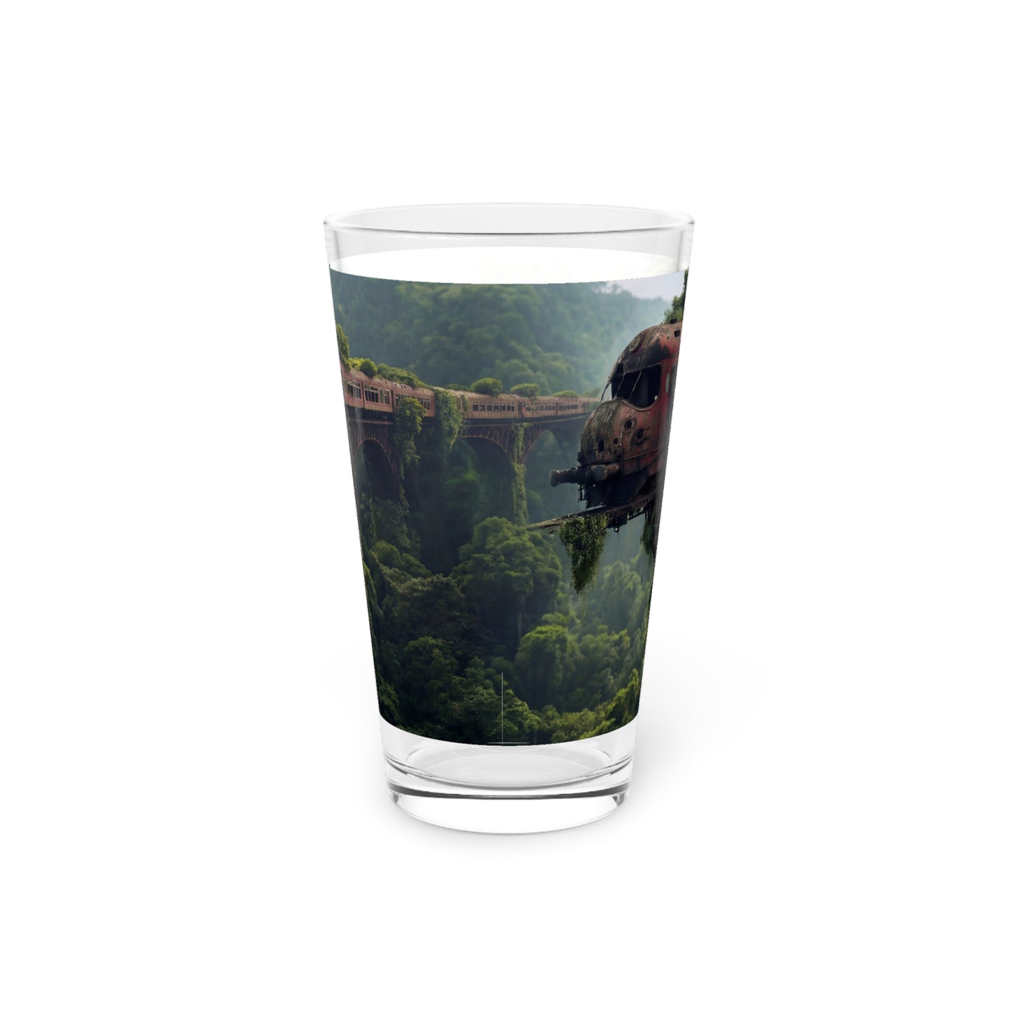 Abandoned Train Bridge Pint Glass – Verdant Ruin Over the Canopy