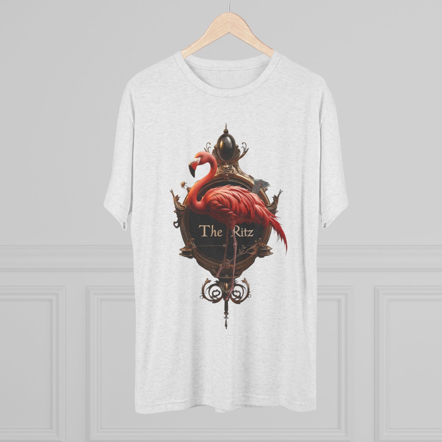 The Ritz Flamingo Sign Tri-Blend Crew Tee – Velvet Gold and Crimson Crest