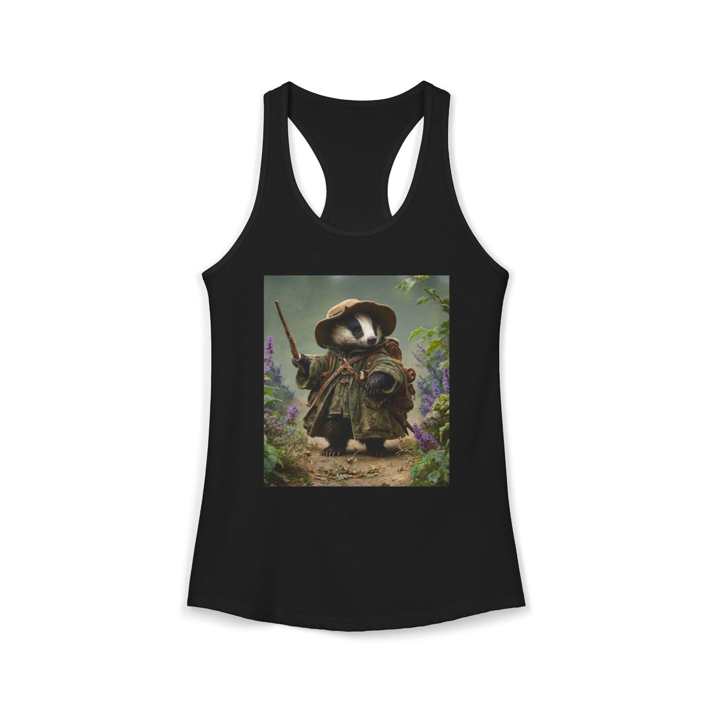 Forest Explorer Badger Women's Ideal Racerback Tank – Mossy Trail Guardian Graphic