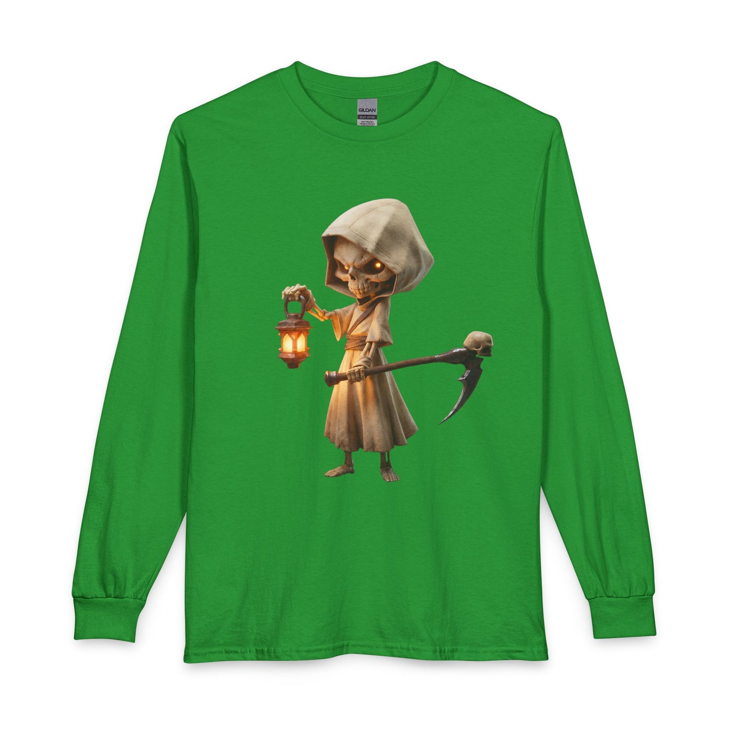 Lantern-Bearing Skeletal Guardian Unisex Long Sleeve T-Shirt – Warm Glow Against Black Canvas