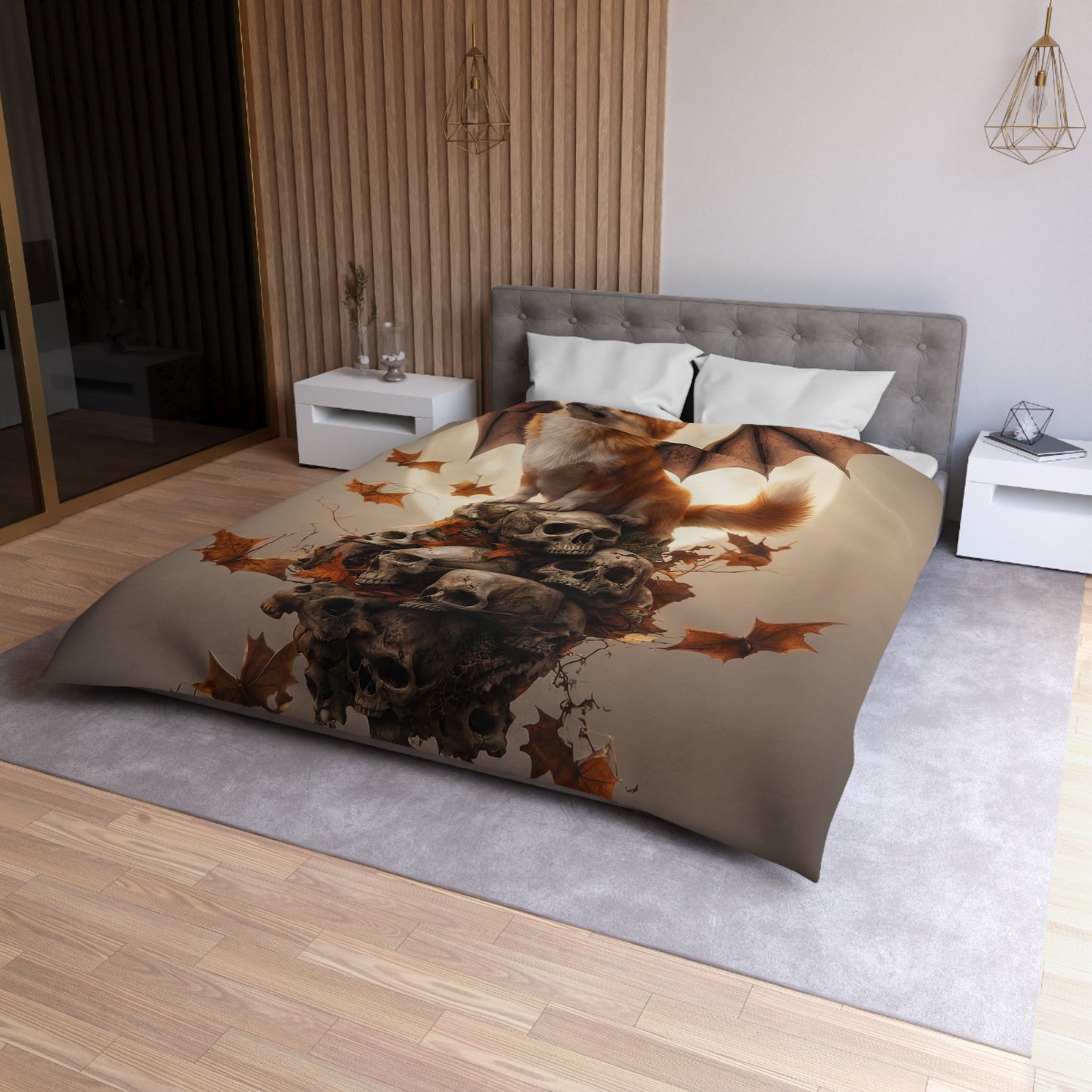 Bat-winged Corgi Duvet Cover – Moonlit Guardian of Autumn Skulls