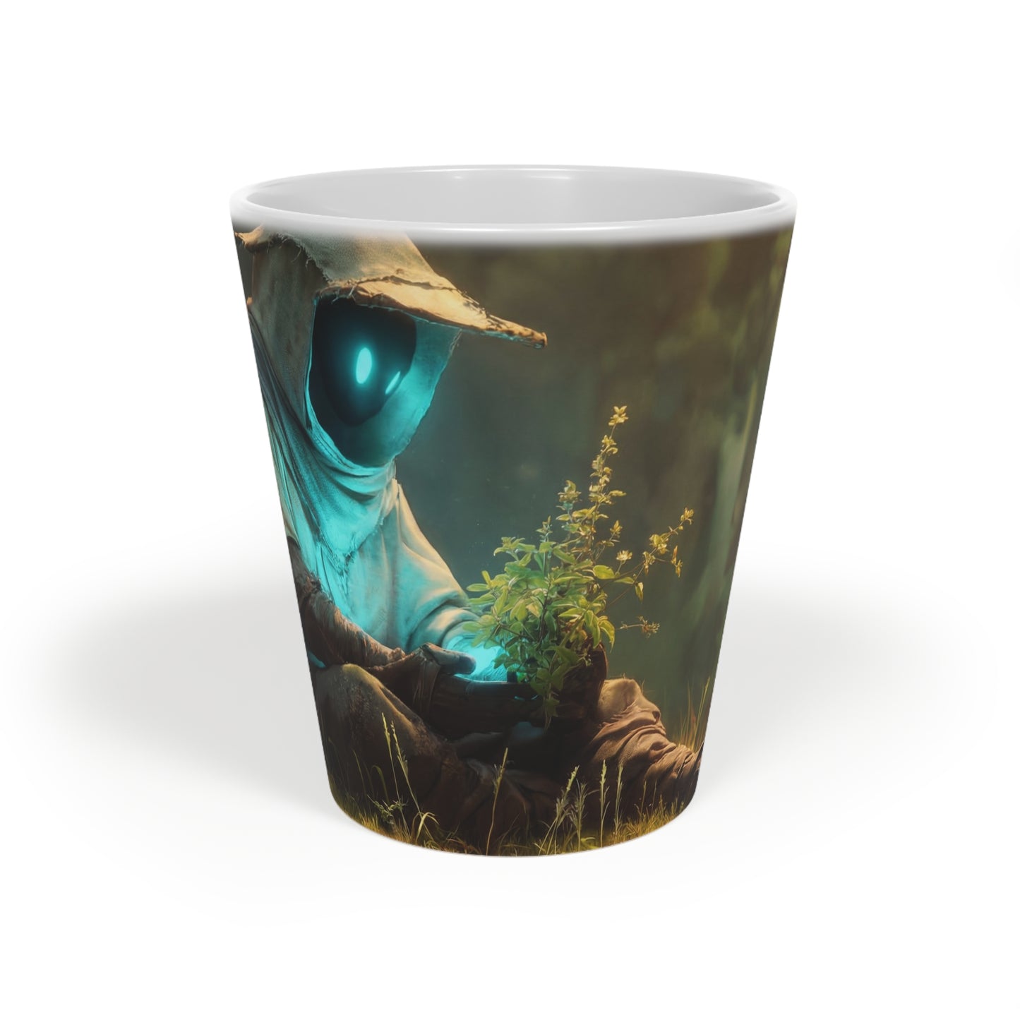 Forest Sentinel Latte Mug, 12oz – Bioluminescent Guardian in Twilight Grove