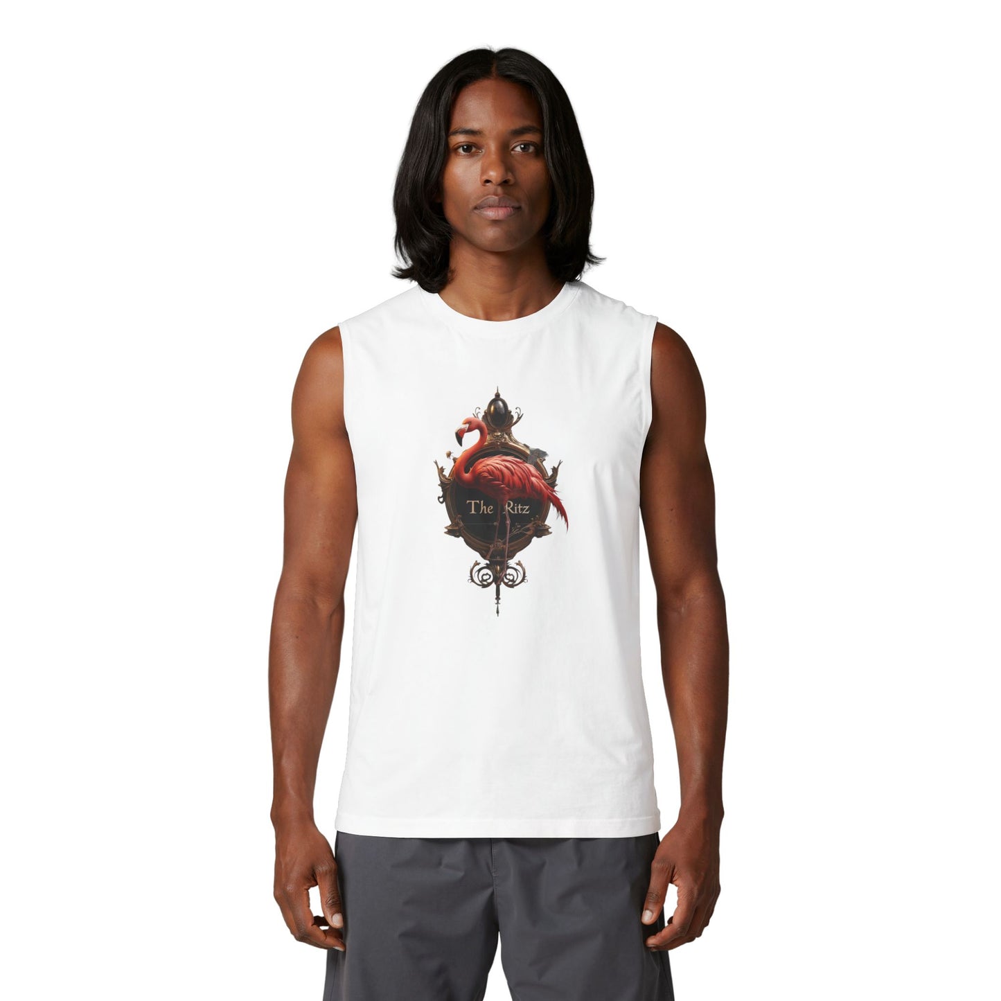 Crimson Flamingo Ritz Tank – Opulent Gold Signage Graphic