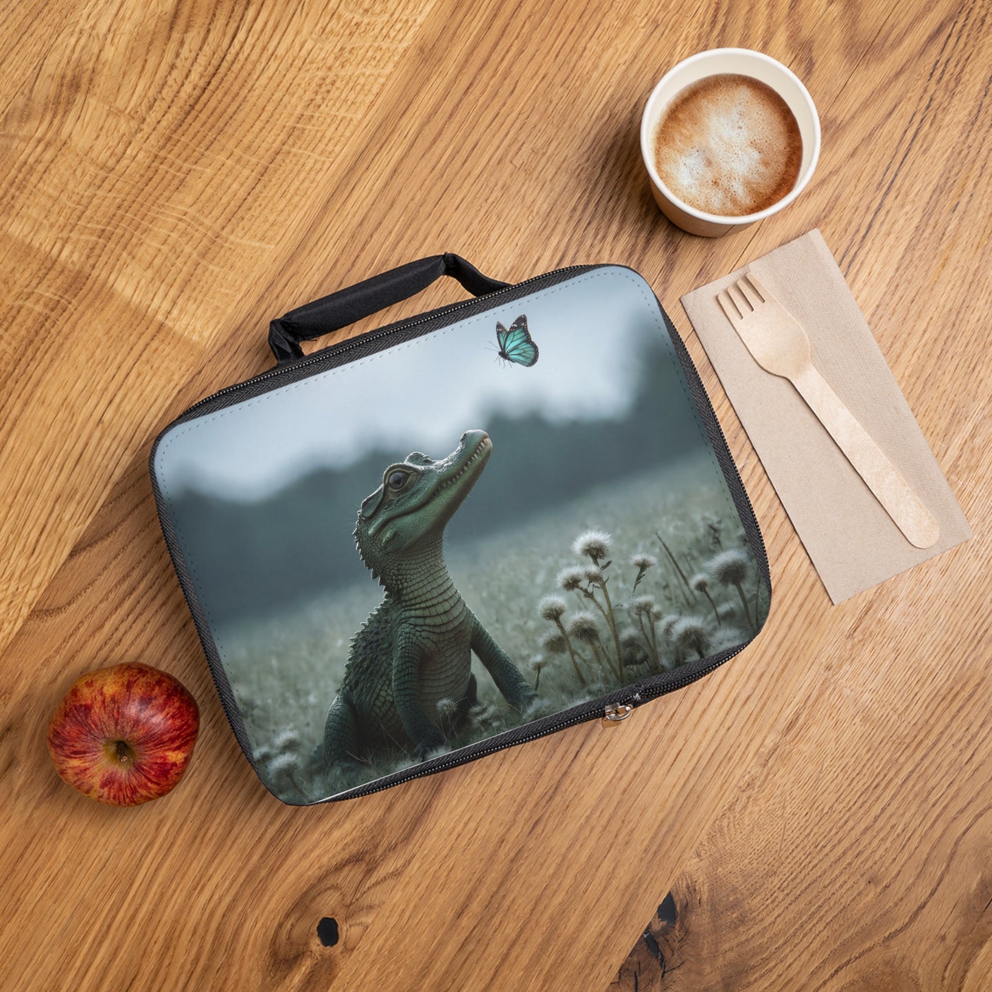 Curious Caiman Lunch Bag – Emerald Gaze Meets Azure Butterfly