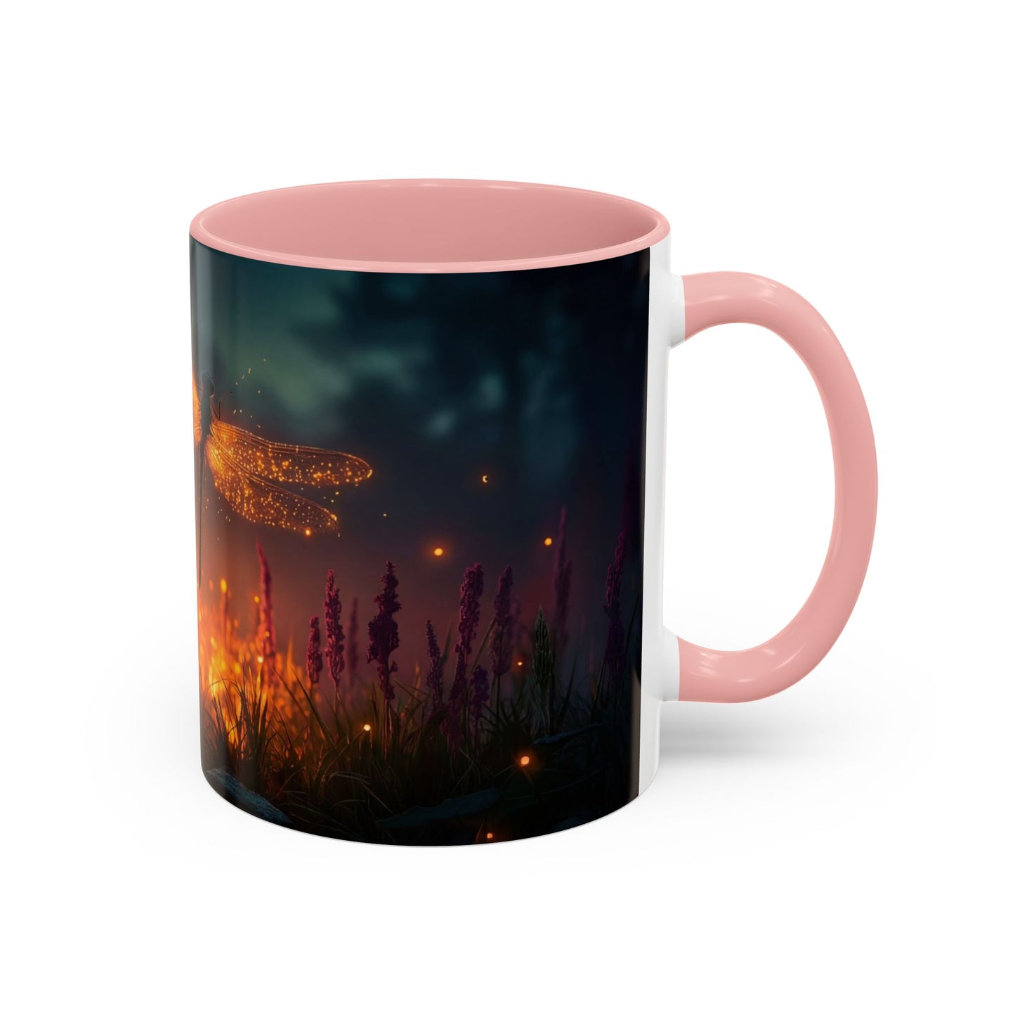 Firefly Dragonfly Accent Coffee Mug (11, 15oz) – Twilight Luminescence Over Meadow