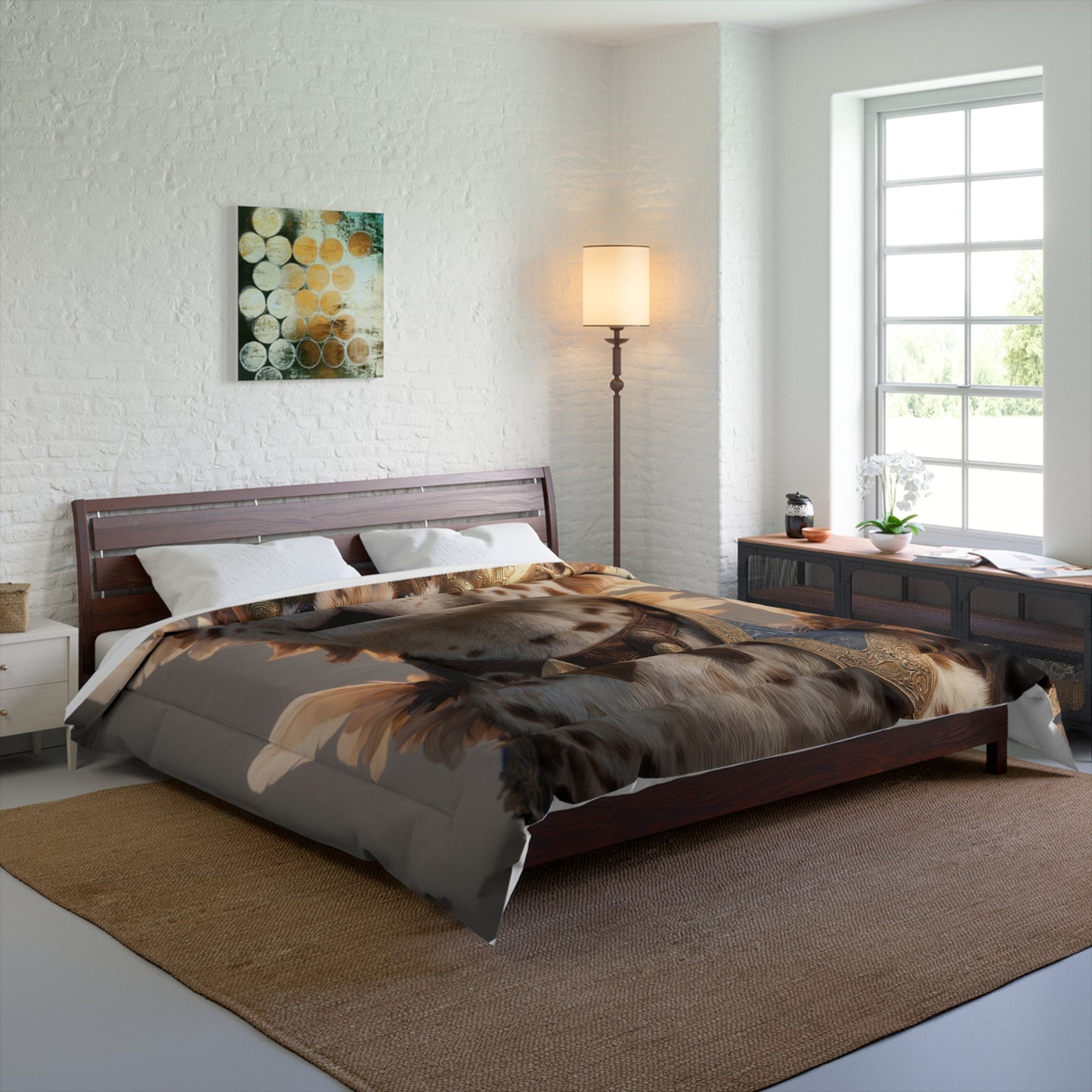 Crowned Feline Sentinel Comforter – Warm Golden Dawn Guardian