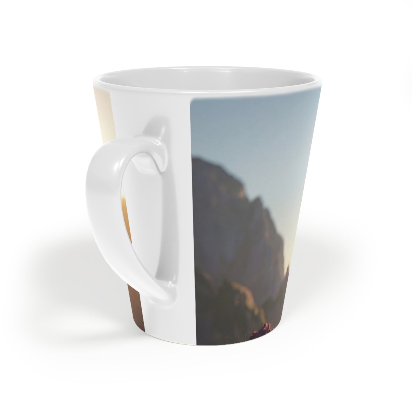Dragon Knight Latte Mug, 12oz – Sunset Sentinel with Wings and Blade