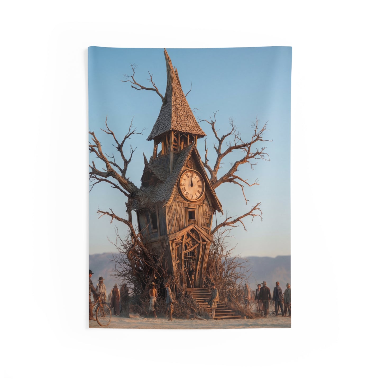 Clock Tower in the Desert Tree Indoor Wall Tapestries – A Quiet Passage Through Time